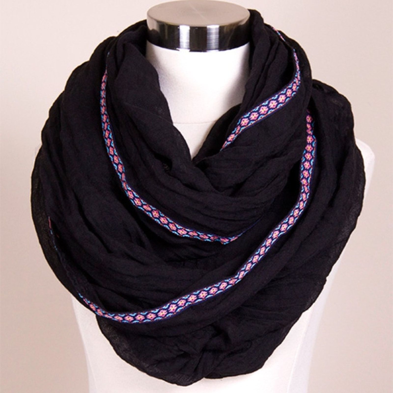 Other NEW Boutique Solid Black Pink Aztec Trim Cowl Infinity Scarf Size ONE SIZE - 2 Thumbnail