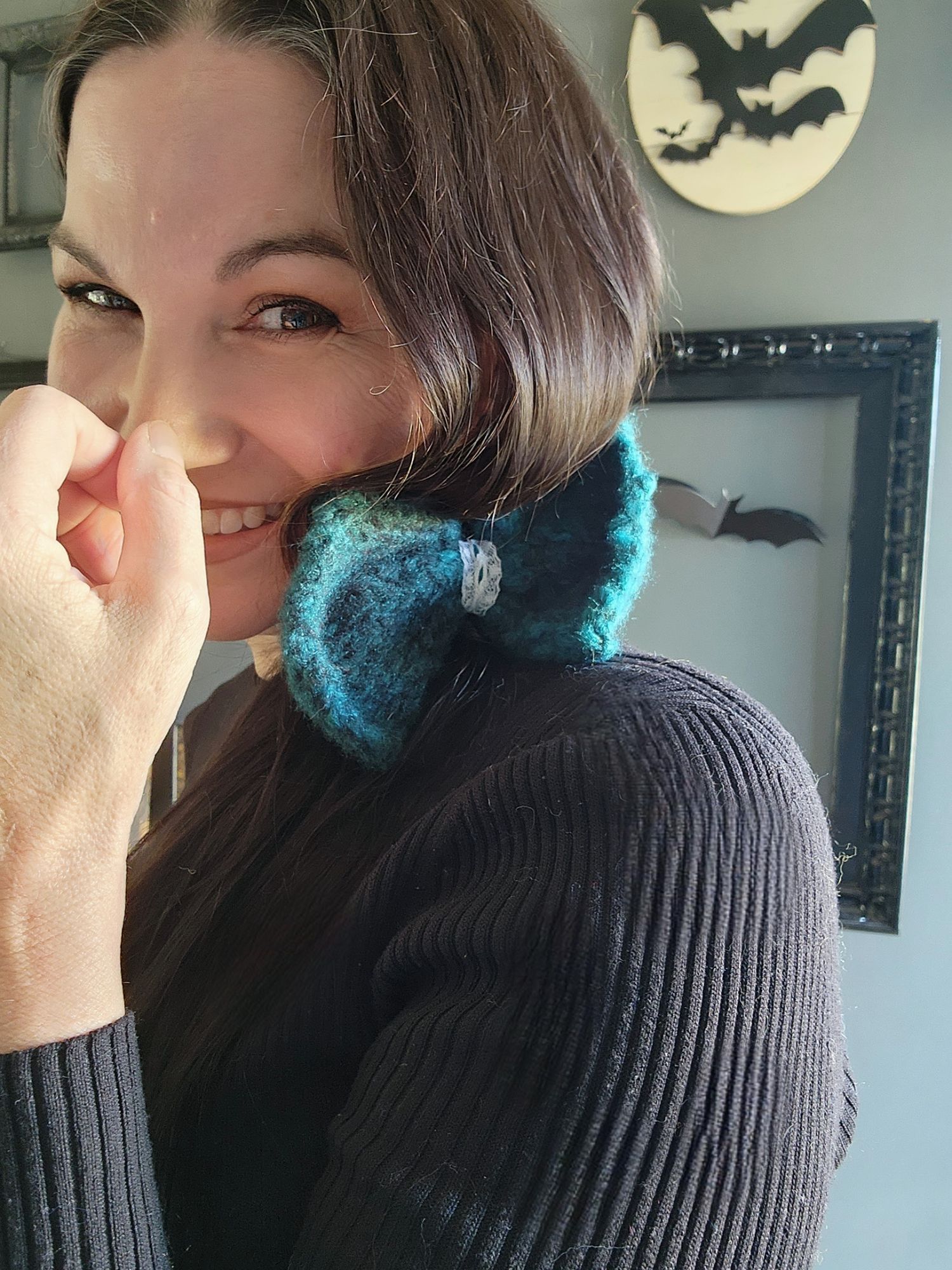 Handmade Knit Hair Bow, Handknitted Teal Ombre Ponytail Holder or Hai Size ONE SIZE - 12 Thumbnail