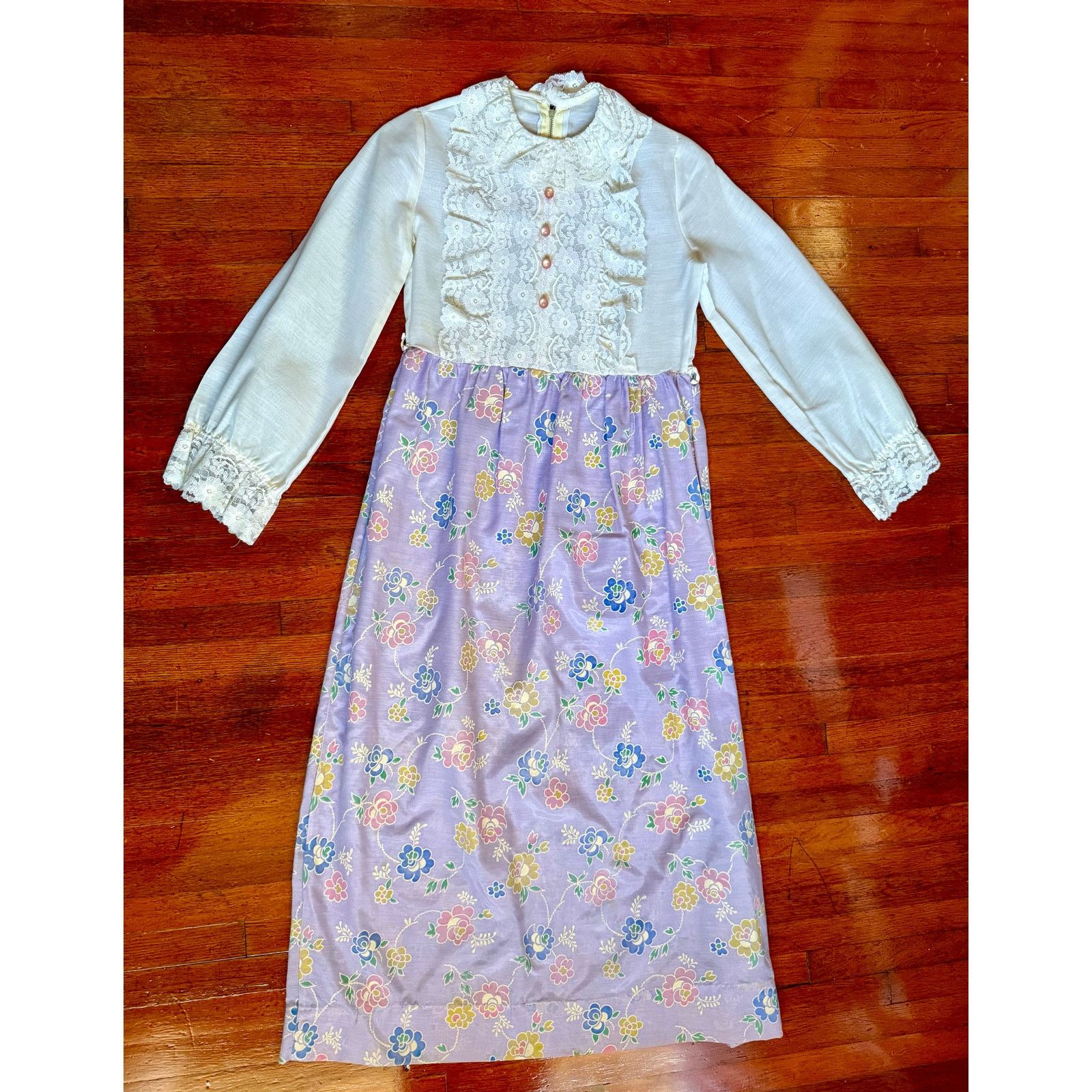 Vintage 50s Handmade White Lavender Lace Floral Prairie Dress XXS Size XS / US 0-2 / IT 36-38 - 1 Thumbnail