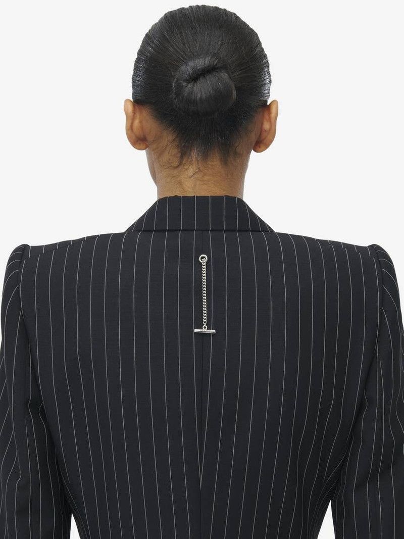 Alexander McQueen o1srvl11e0226 Pinstripe Stacked Shoulder Jacket Black/White Size L / US 10 / IT 46 - 6 Thumbnail