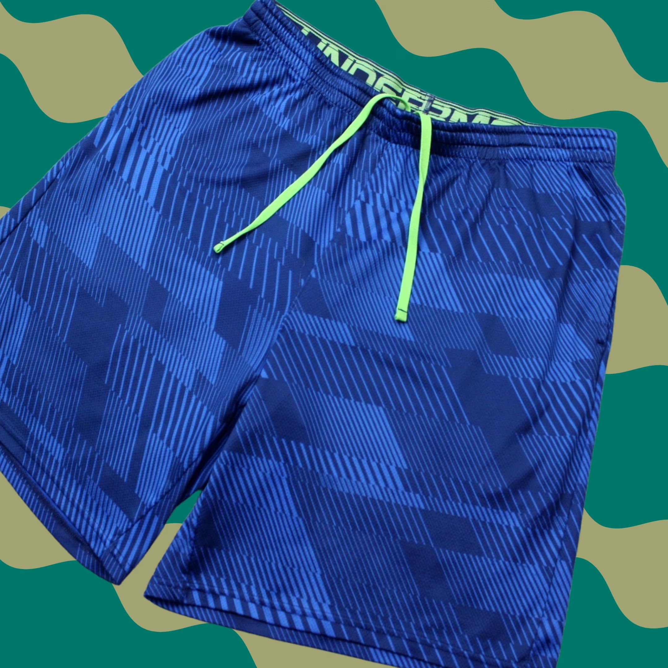Under Armour Under Armour Mens Large Blue/Green 9" Inseam Shorts Athletic Gym Training Pockets Elastic Waist Polyester 100% Blended Fabric M Size US 33 - 1 Thumbnail