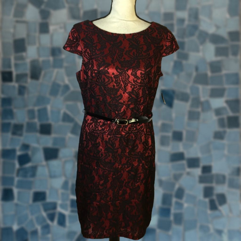 NWT Alyx Sheath Dress Size 12 Womans Red Lace Overlay Cap Sleeve Belted  Dress Womens 12