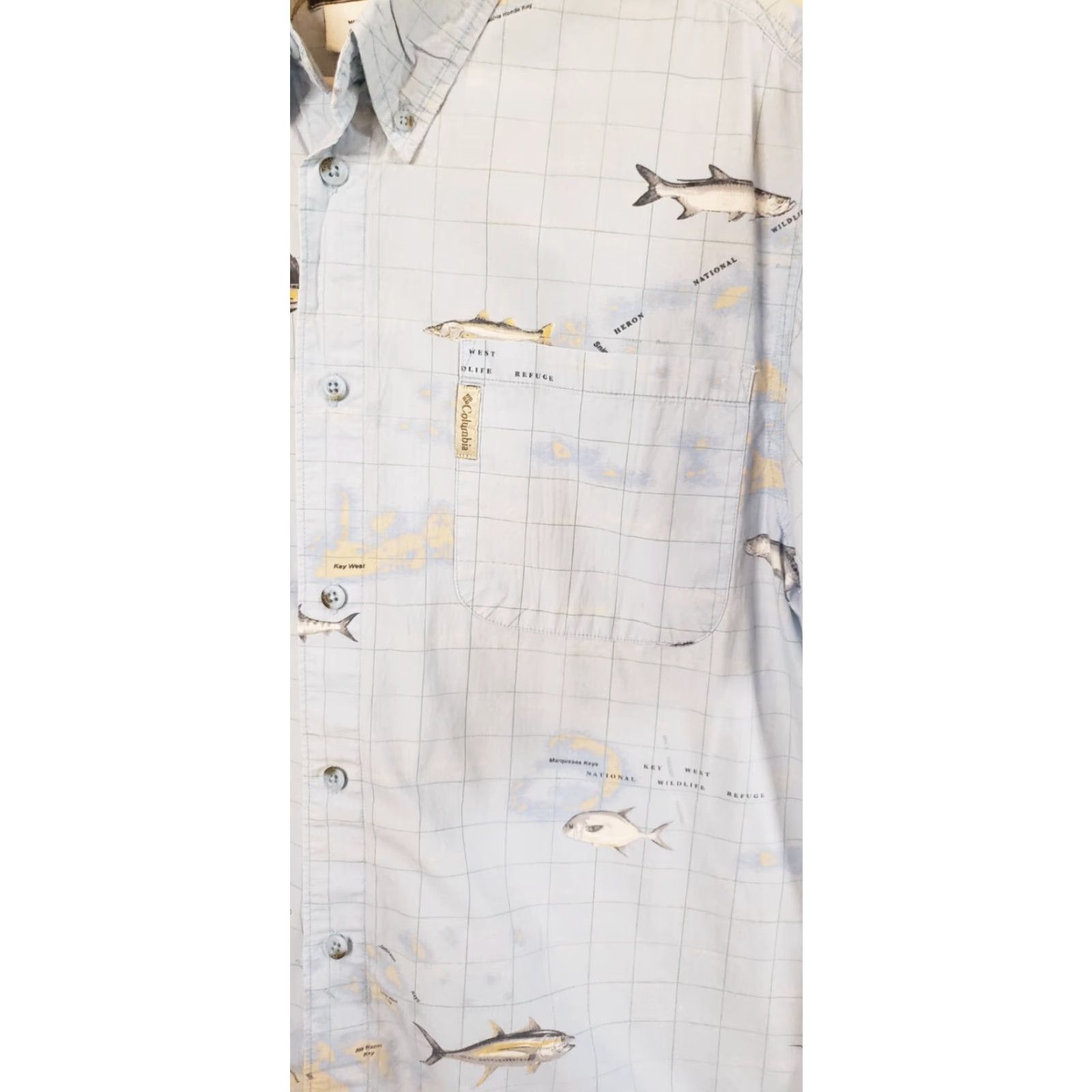 Vintage Columbia River Lodge Men's Blue Shirt Button Front Short Sleeve Sea Fish Key W Pattern: Fishing Size US L / EU 52-54 / 3 - 5 Thumbnail
