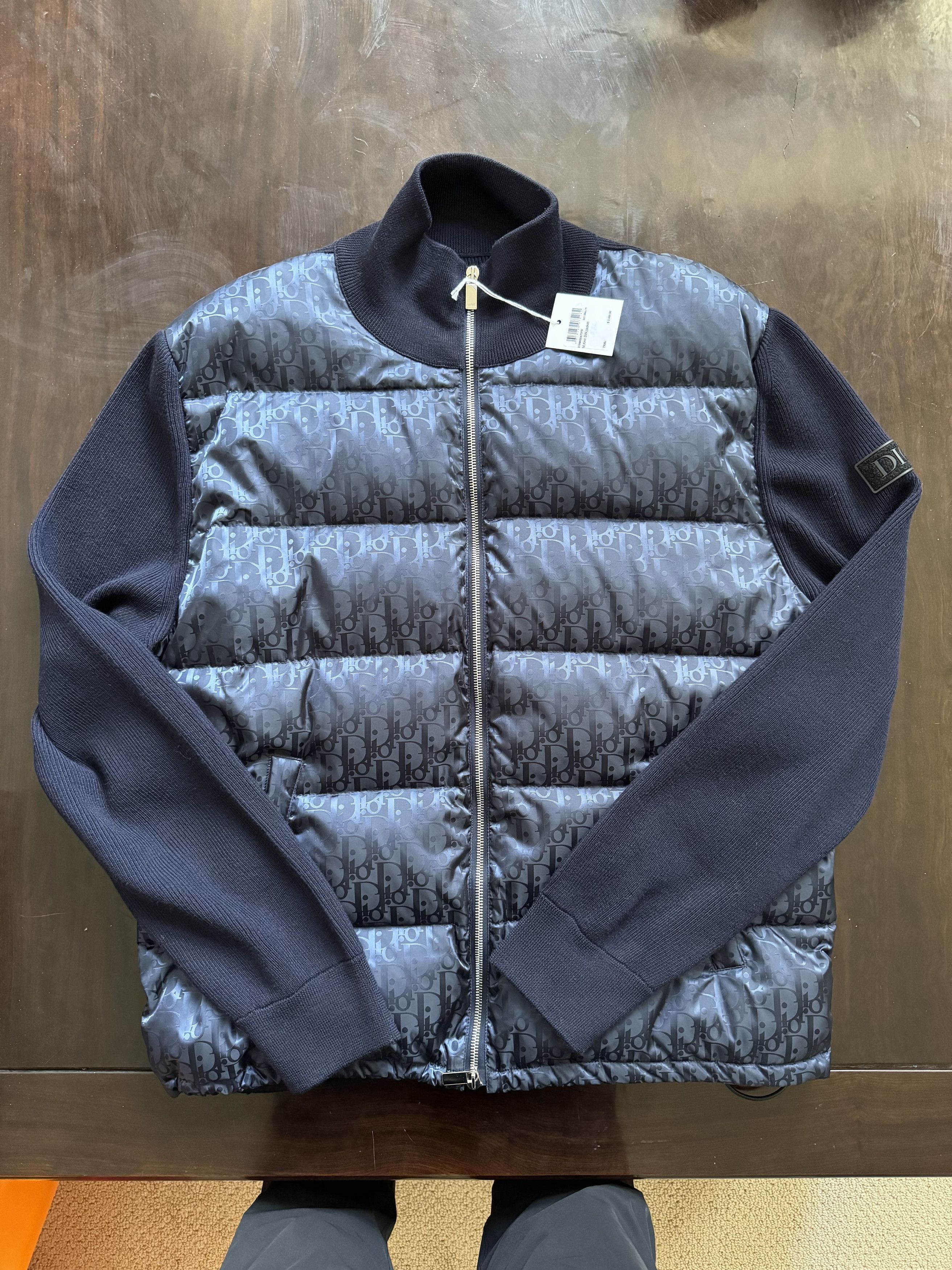 image of Dior Navy Blue Oblique Knit Puffer Jacket in Navy Blue Technical Jacquard, Men's (Size 2XL)