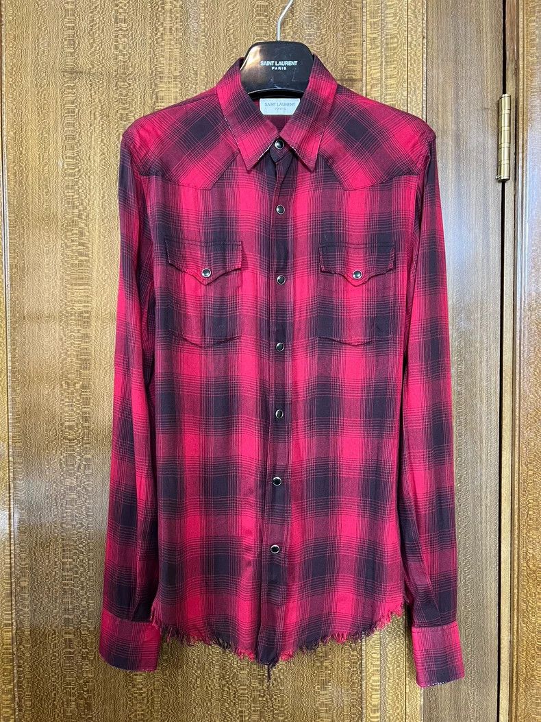Yves Saint Laurent Saint Laurent 16ss Destroy Fringed Red Plaid Shirt 2502-Nex Size US XS / EU 42 / 0 - 1 Thumbnail