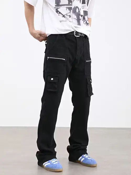 image of Vintage Punk Zipper Flared Cargo Pants in Black, Men's (Size 32)