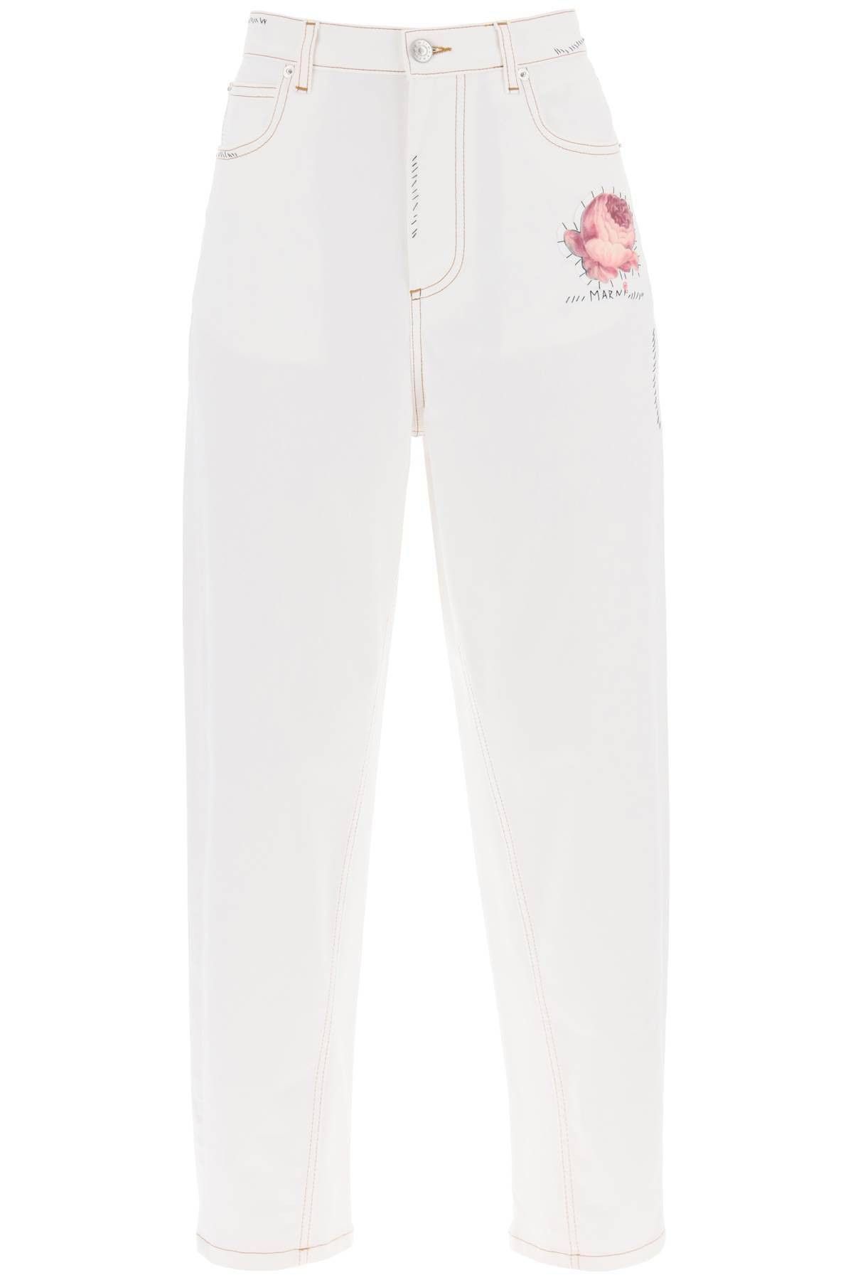 image of Marni "jeans With Embroidered Logo And Flower Patch Size Eu 42 For Women in Bianco