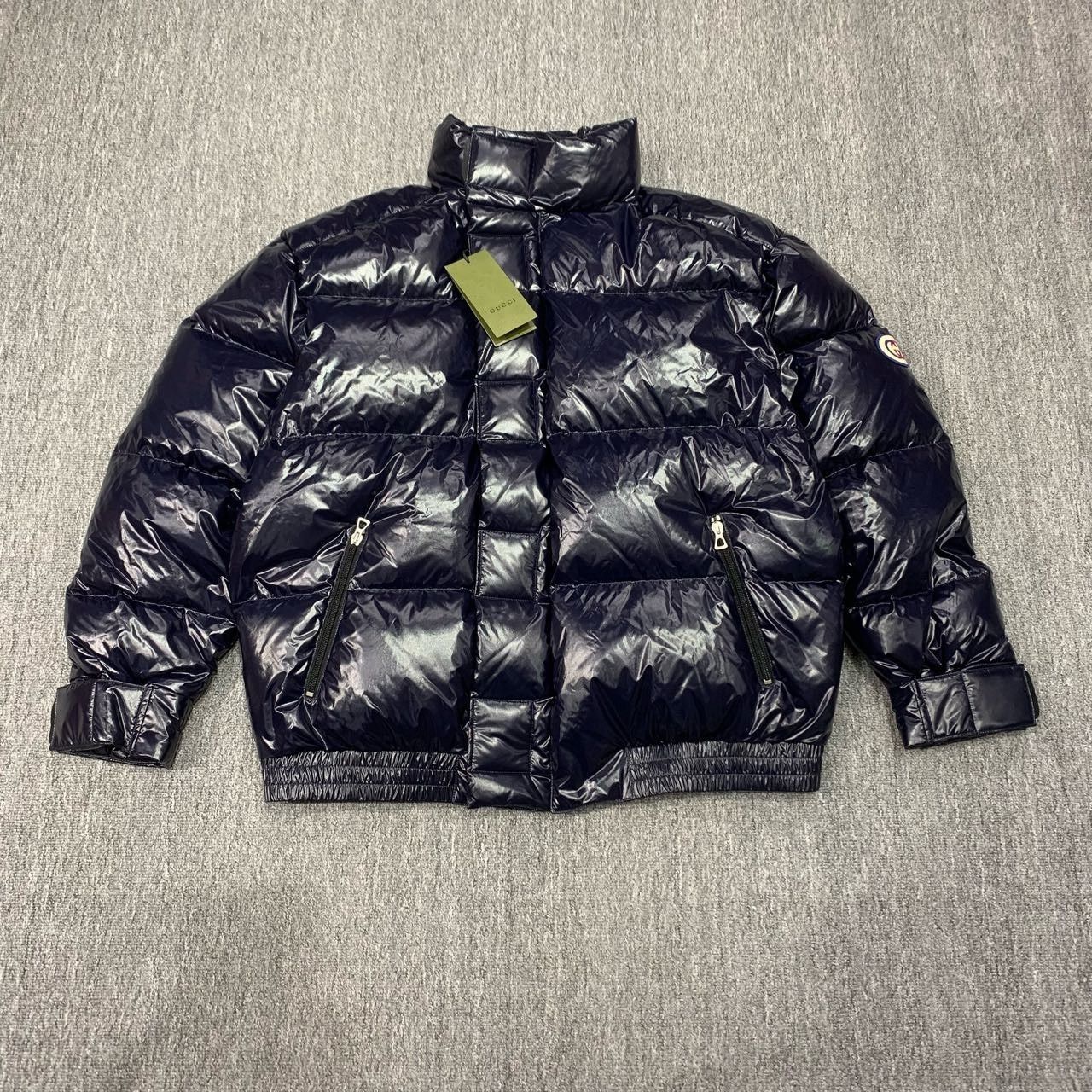 Gucci dark blue shiny double G-sleeved down jacket 2501-Nex