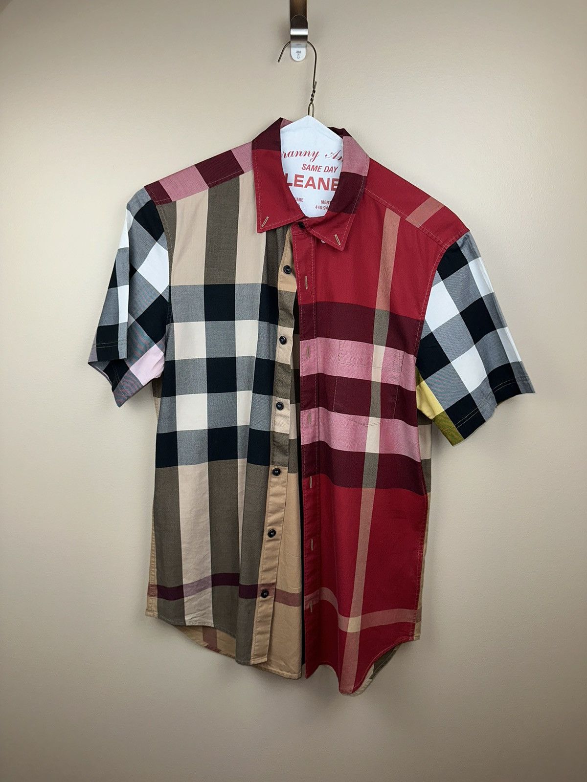 image of Burberry Exploded Check Shirt Short Sleeve Button Up Red, Men's (Size Small)