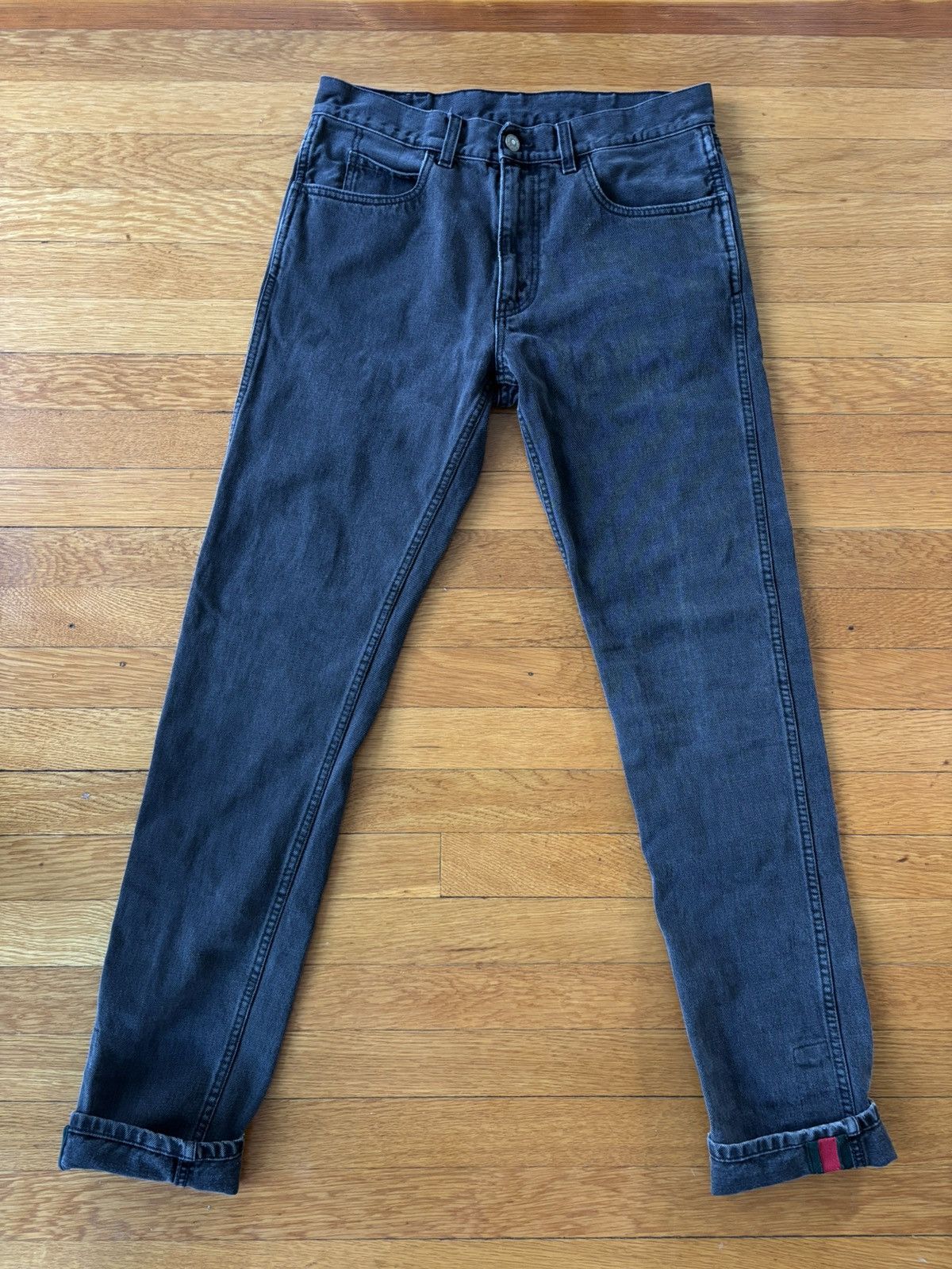 Gucci Washed Black Web Cuff Skinny Denim Size US 31 - 2 Thumbnail