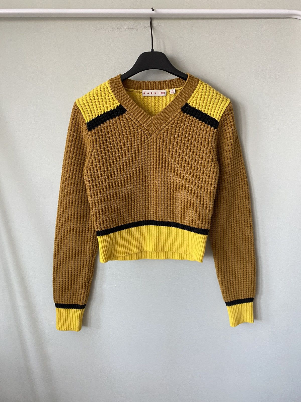 image of Marni x Uniqlo V Neck Knit Sweater in Orange/Yellow, Women's (Size XS)