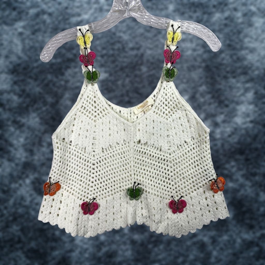 Vintage Rebellion Sleeveless Crochet Top S Beige Floral Butterfly Bohemian Camisole Shirt Womens Slim Open V-Neck Crochet Open Details 100% Cotton Size S / US 4 / IT 40 - 1 Thumbnail