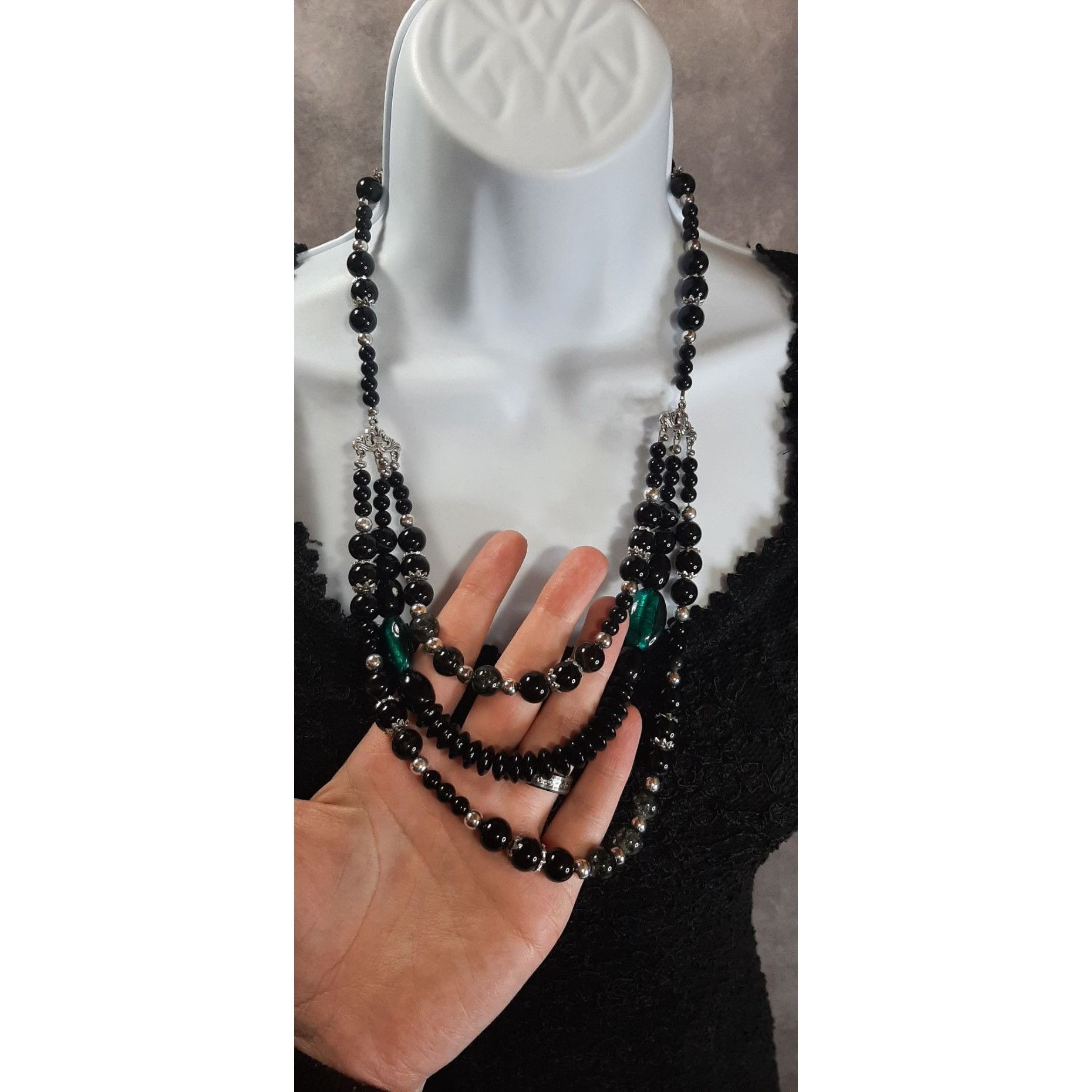 Other Multi-Strand Black Beaded Necklace With Green Accents & Silv Size ONE SIZE - 3 Thumbnail