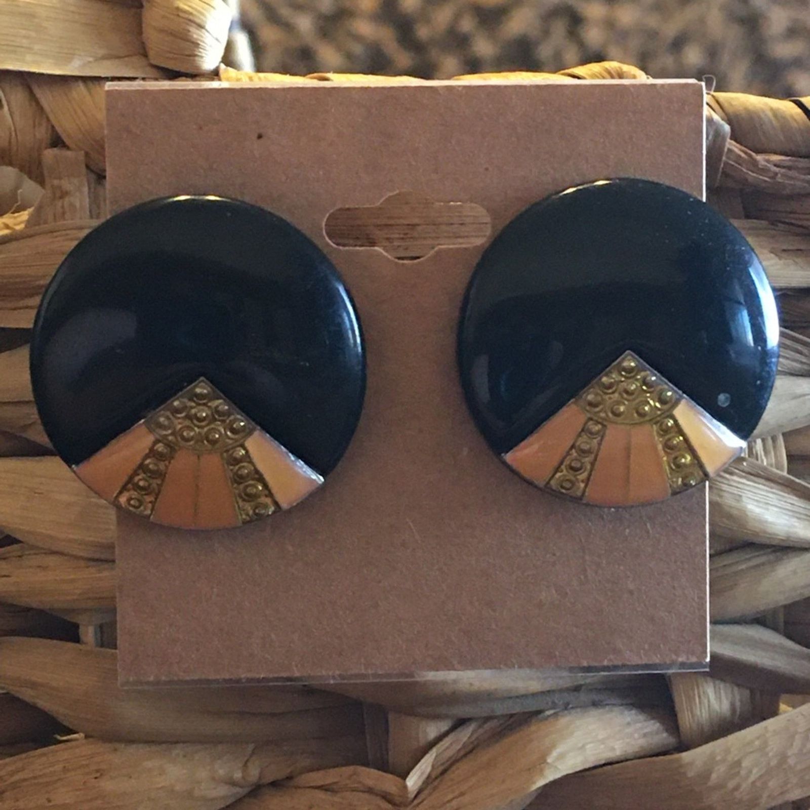 Vintage Vintage 80s gold/peach/black plastic disc earrings Size ONE SIZE - 1 Thumbnail