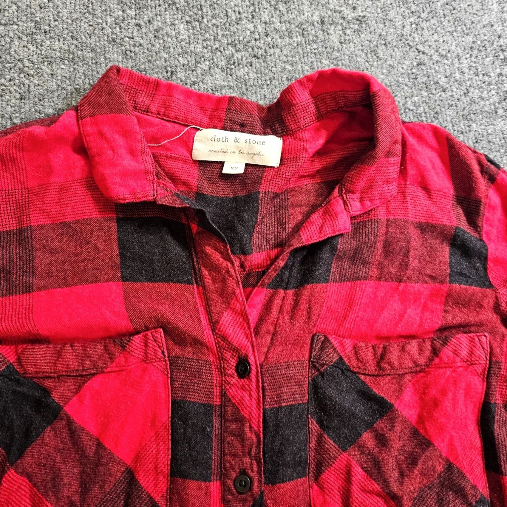 Vintage Cloth & Stone Top Shirt Women XS Red Black Flannel Buffalo Check Plaid Raw Hem Button Front Casual Sleeve | Whitewash? Size XS / US 0-2 / IT 36-38 - 2 Thumbnail