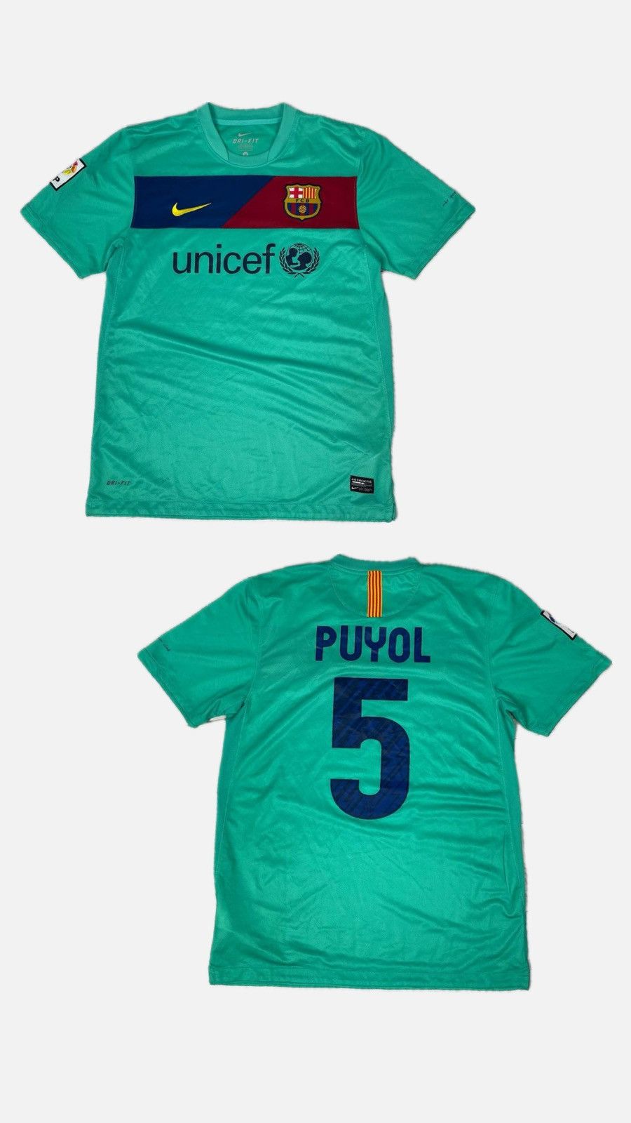 image of F C Barcelona x Nike Barcelona 2010 2011 Puyol 5 Away Soccer Jersey in Green, Men's (Size Medium)