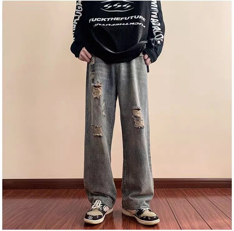 image of Straight Casual Ruffled Distressed Jeans in Blue, Men's (Size 32)