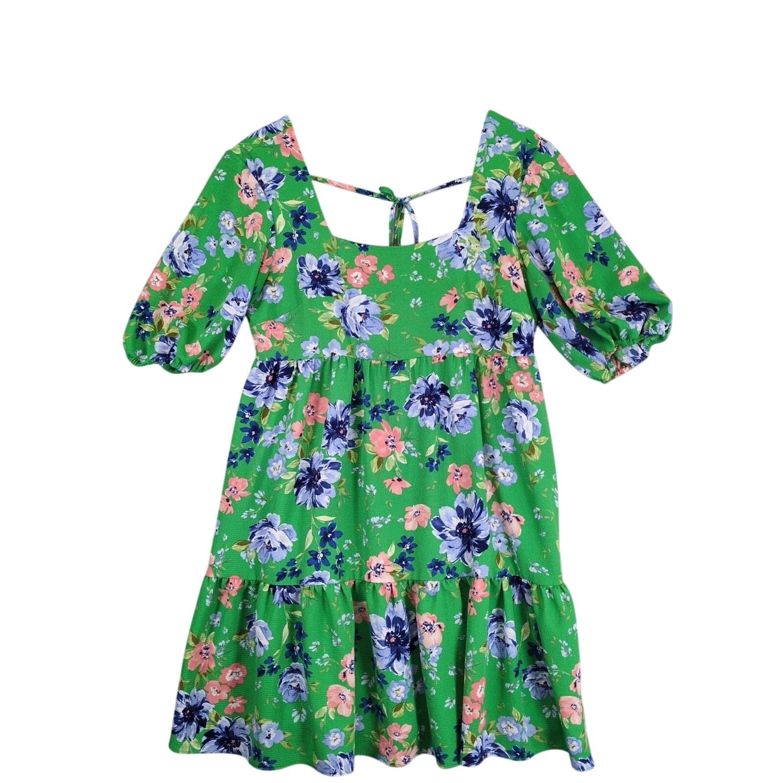 Bcbgmaxazria BCBG Paris Women's M Green Floral Puff Sleeve Tiered Dress Size M / US 6-8 / IT 42-44 - 2 Thumbnail