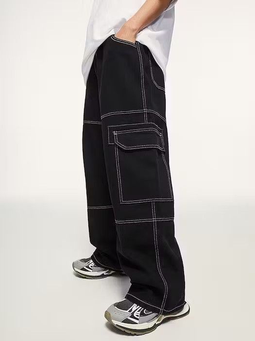 image of Distressed Denim Multi Pocket Baggy Cargo Denim in Black, Men's (Size 32)