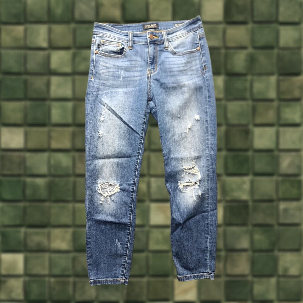 Vintage Judy Blue Jeans Womens 9 29x27 Relaxed Fit Tapered Leg Mid Rise Distressed Denim Cotton Polyester Spandex Rayon Blue Jeans Womens Size 29" - 1 Thumbnail
