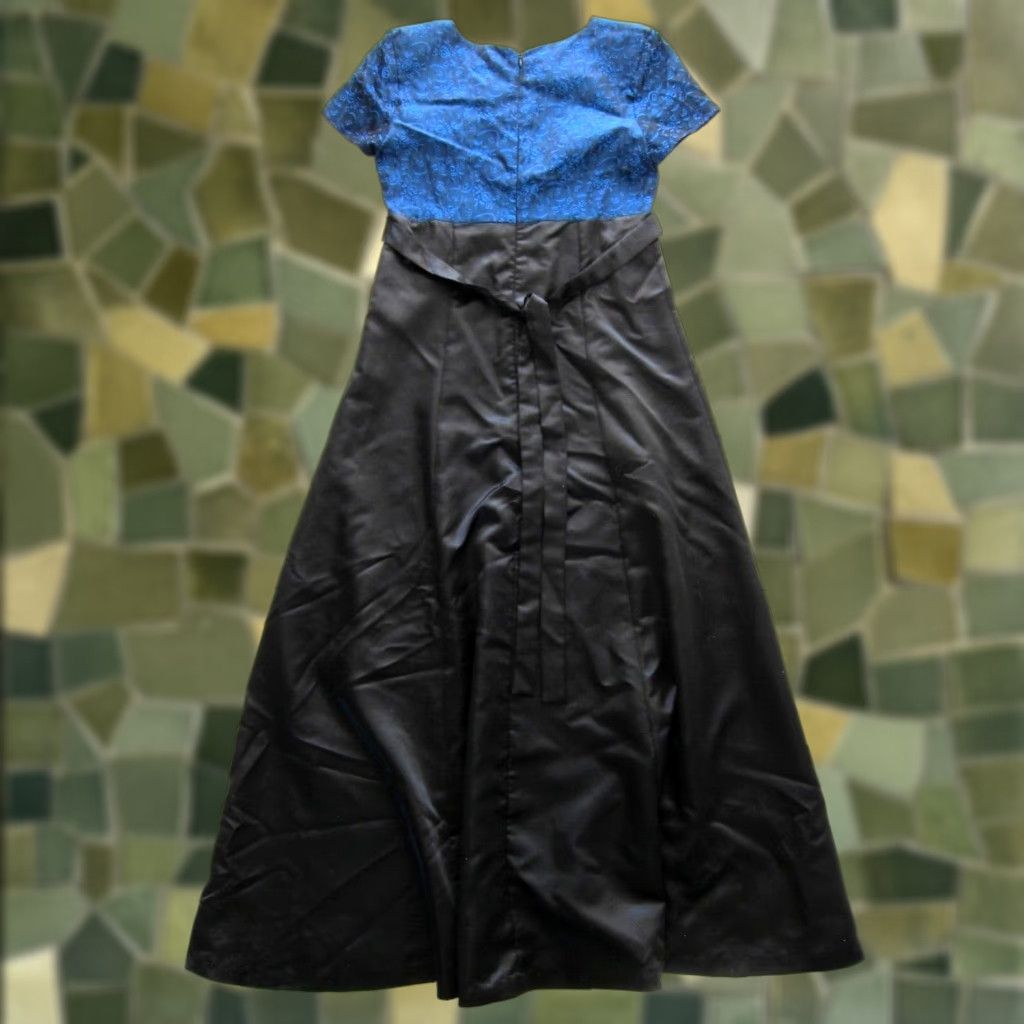 Vintage Vtg Formal Fashions Blue Black Satin Floral Short Sleeve Long Maxi Party Dress 6 Size 28" / US 6 / IT 42 - 1 Thumbnail