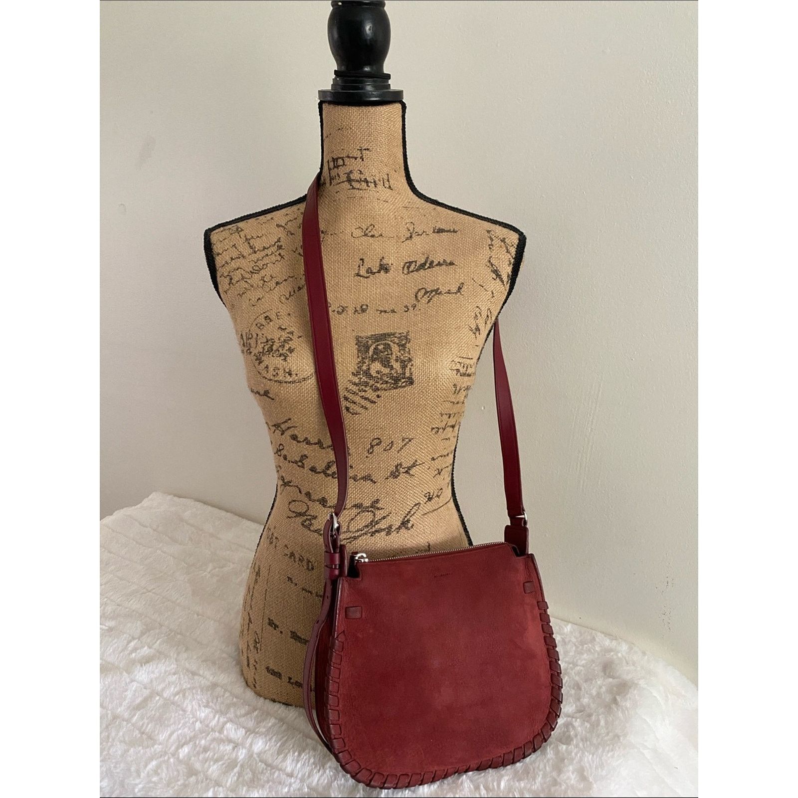 Allsaints All Saints Mori Whipstitch Suede Crossbody Bag in Maroon Size ONE SIZE - 14 Thumbnail