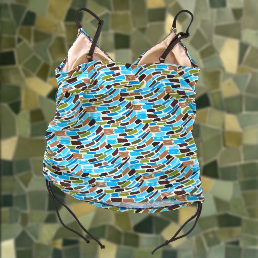 Vintage Coco Beach Blue Tankini Swim Top L Women Abstract Built In Bra Brown Green 34" Bust 30" Waist 23" Shoulder to Bottom Hem Mens? Size L / US 10 / IT 46 - 1 Thumbnail