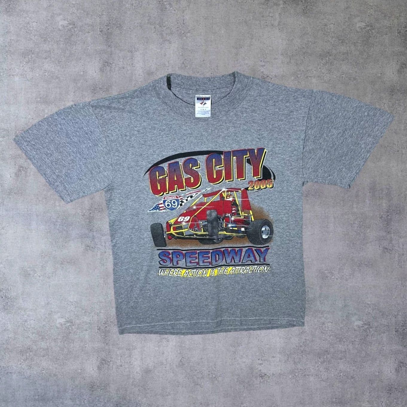 Jerzees Vintage Gas City Speedway “Where Action Is The Attraction” T-Shirt Small Men Grey Cotton Short Sleeve 2005 90s Motorsports #3274 Size US S / EU 44-46 / 1 - 2 Thumbnail