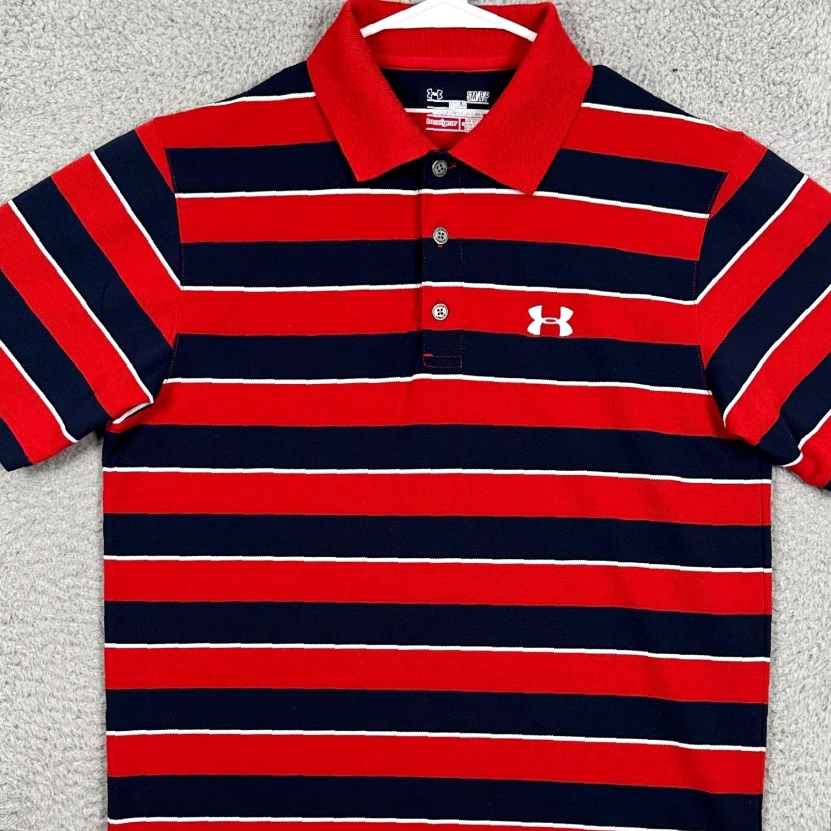 Under Armour Under Armour Polo Shirt Mens Small Short Sleeve Striped Red Navy White Golf Casual Activewear EUC Size US S / EU 44-46 / 1 - 2 Thumbnail