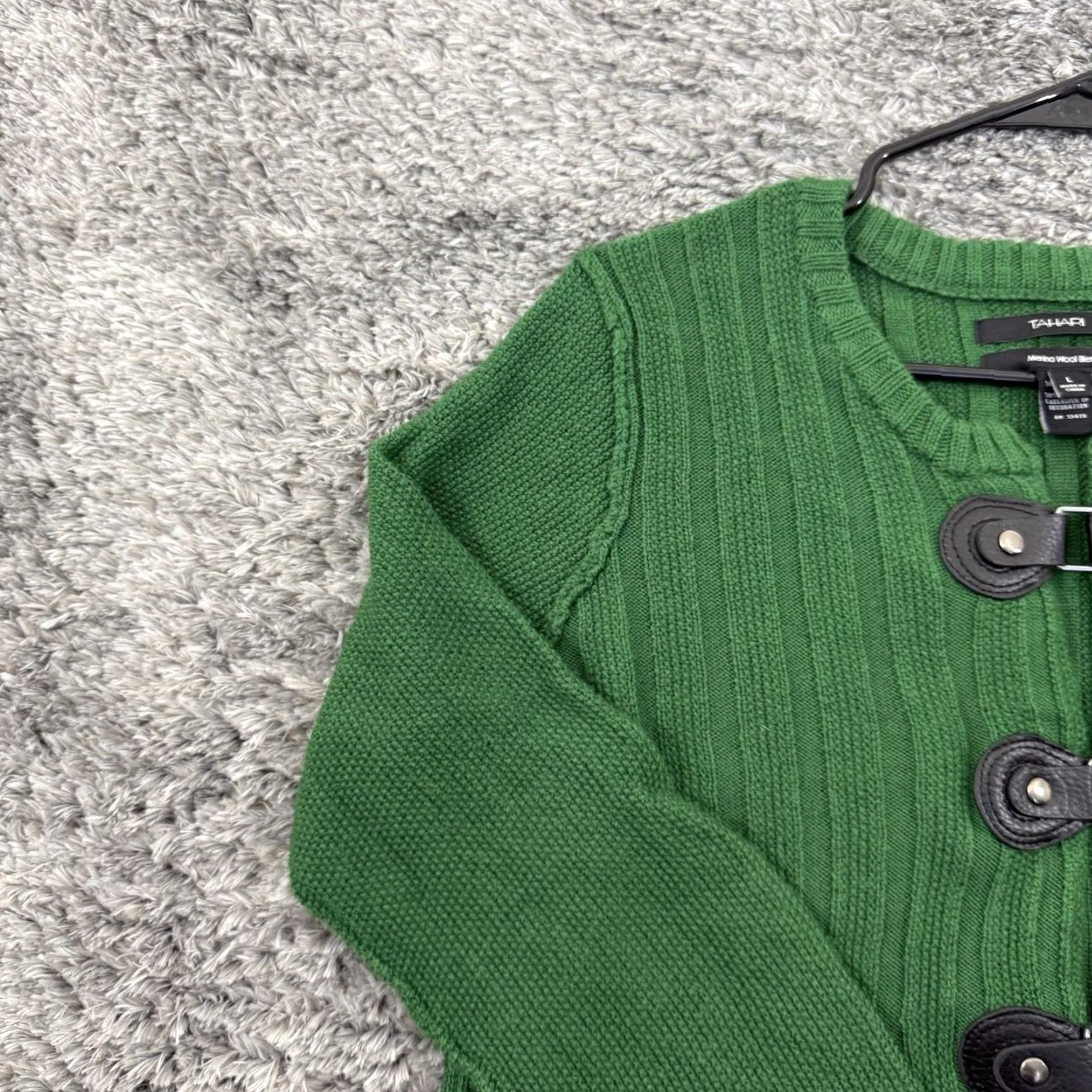 Vintage TAHARI Sweater Women's Large Green Cardigan Ribbed Merino Wool Blend Snap Size L / US 10 / IT 46 - 4 Thumbnail