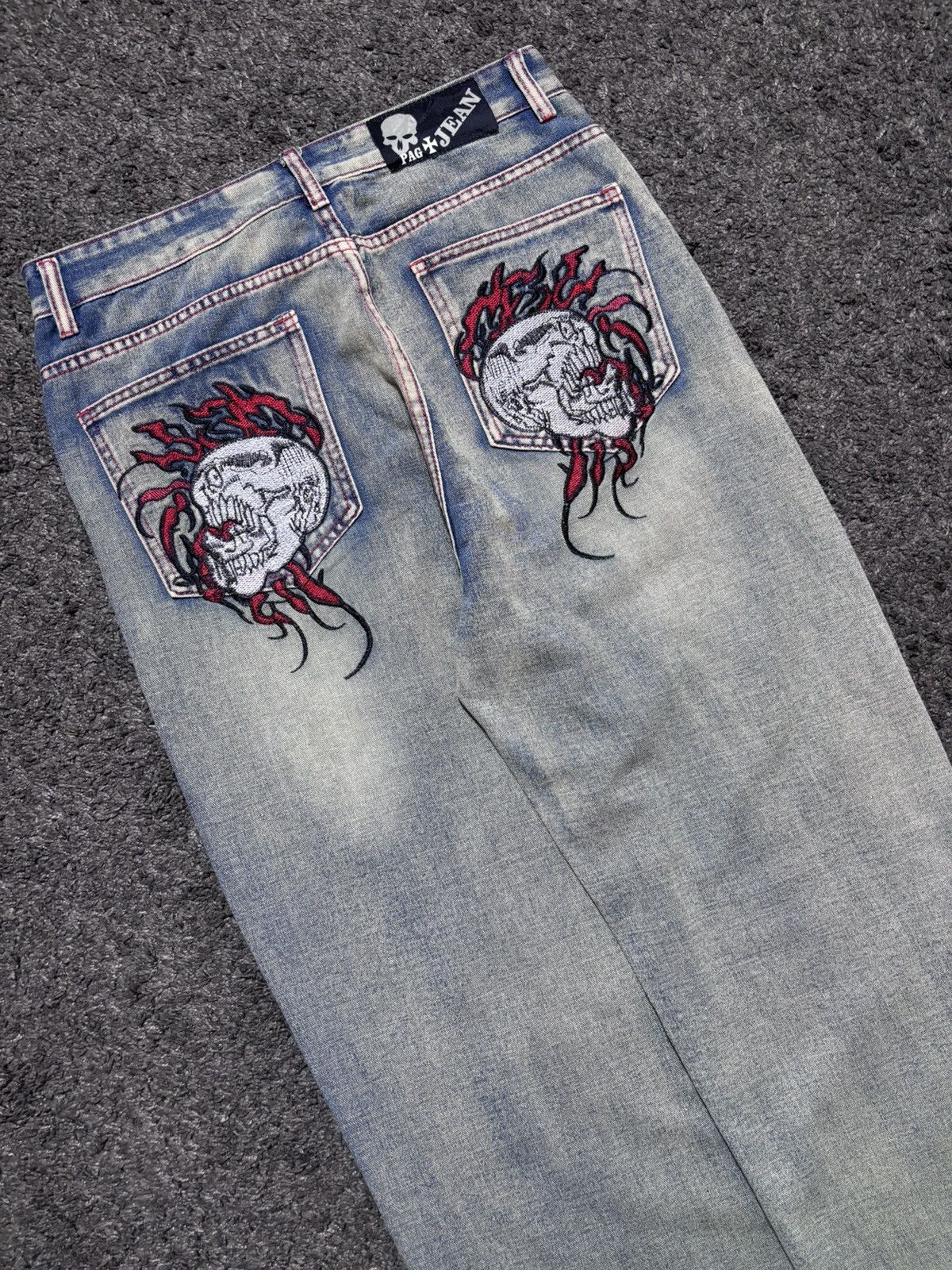 JNCO Vintage rare fire skulls embroidered gray blue baggy jeans Size US 33 - 4 Thumbnail