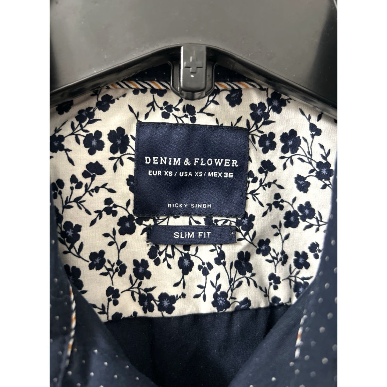 Denime DENIM & FLOWER Shirt Mens XS Blue Short Sleeve Button-Down NWT Polka Dot Floral Collar Slim Fit Size US XS / EU 42 / 0 - 5 Thumbnail