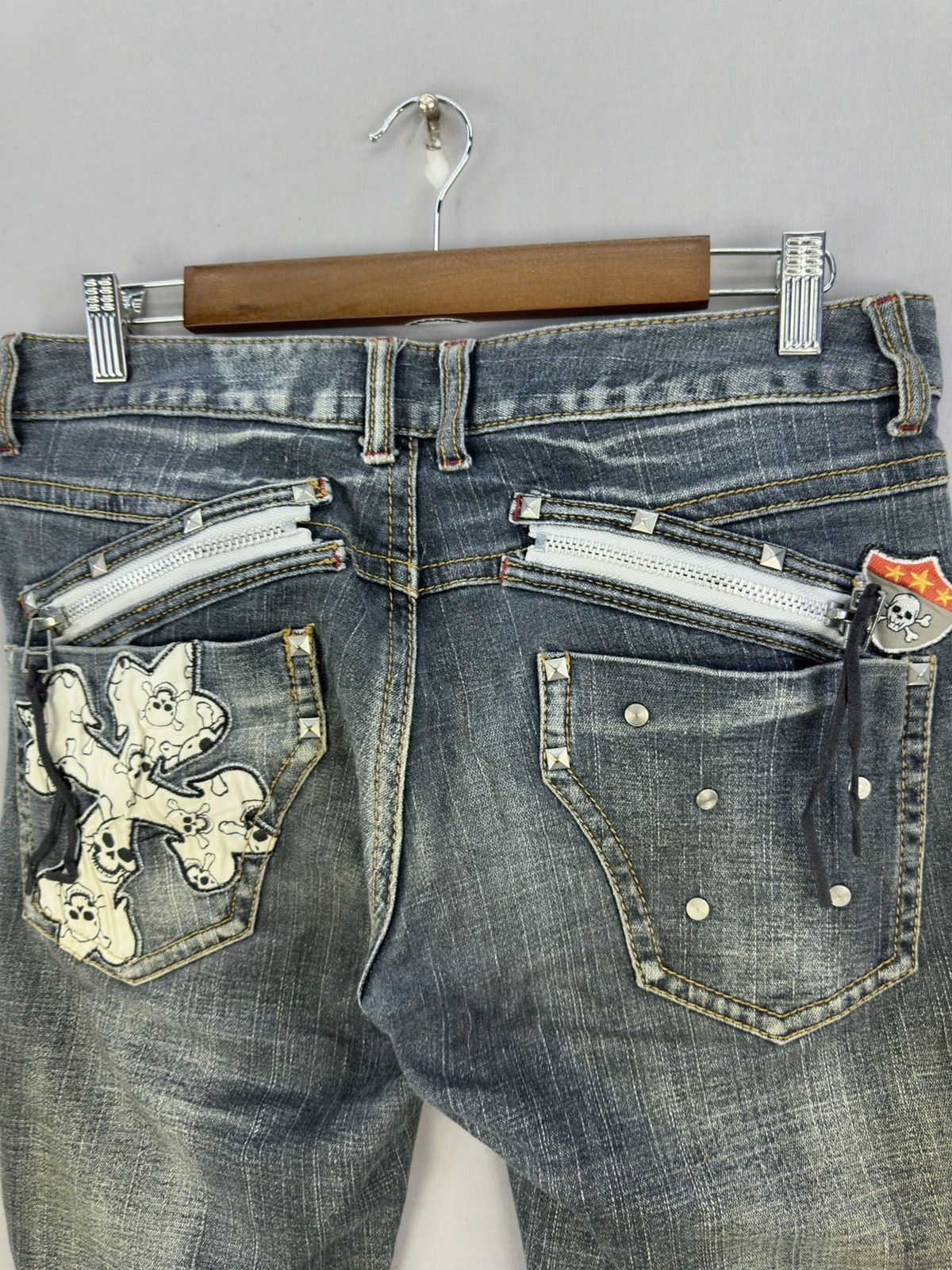 If Six Was Nine B.C.B.G Cross Skull Distressed Flared Jeans Size US 33 - 6 Thumbnail