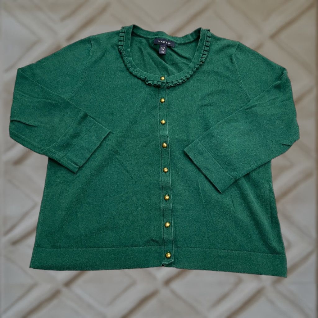 Lands' End Lands' End Cardigan Sweater Women S Green Knit Button Ruffle Classic Size S / US 4 / IT 40 - 1 Thumbnail