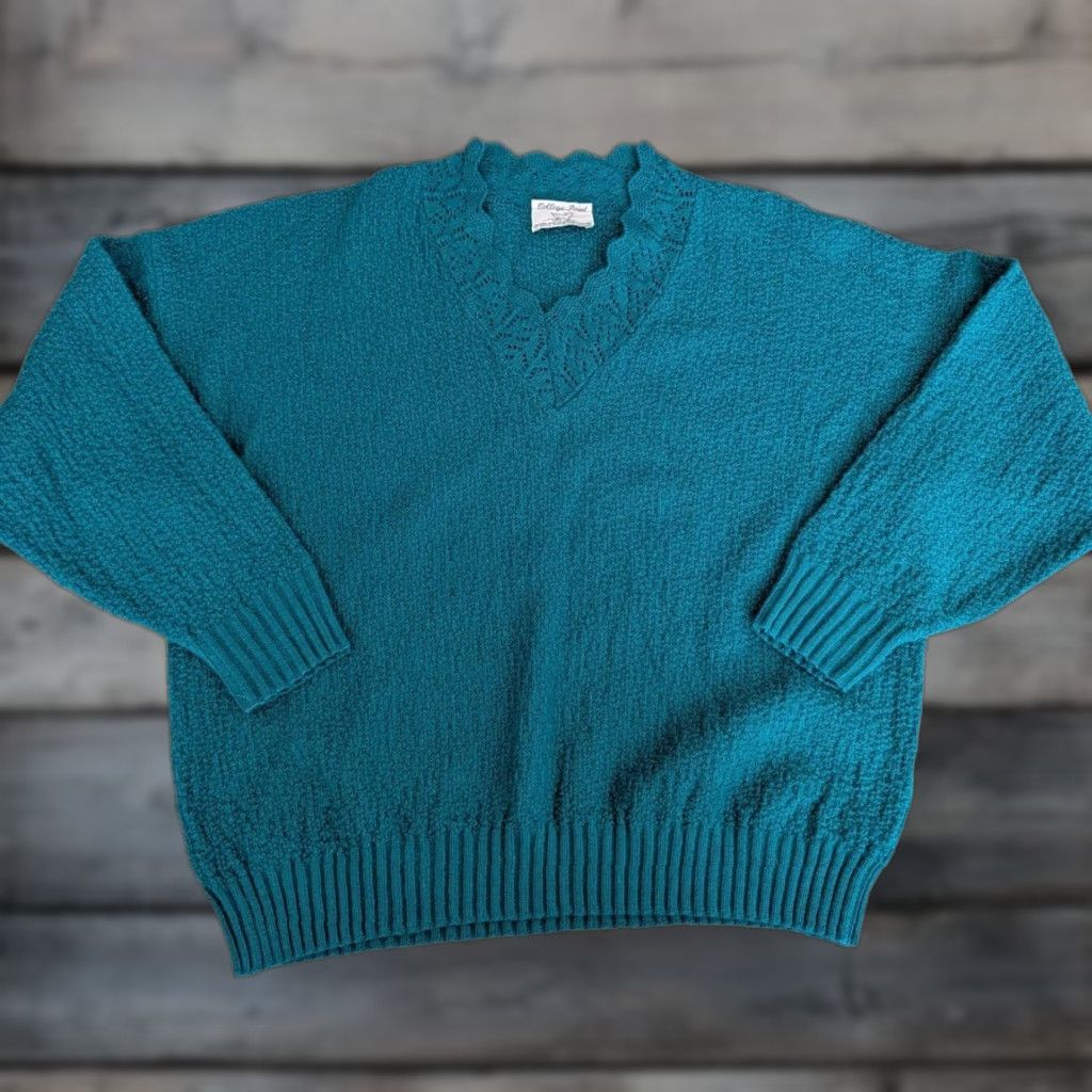 Vintage VINTAGE 70s College Point Sweater Womens L Blue Textured V-Neck Pullover Made in USA Aran Lightweight Size L / US 10 / IT 46 - 1 Thumbnail