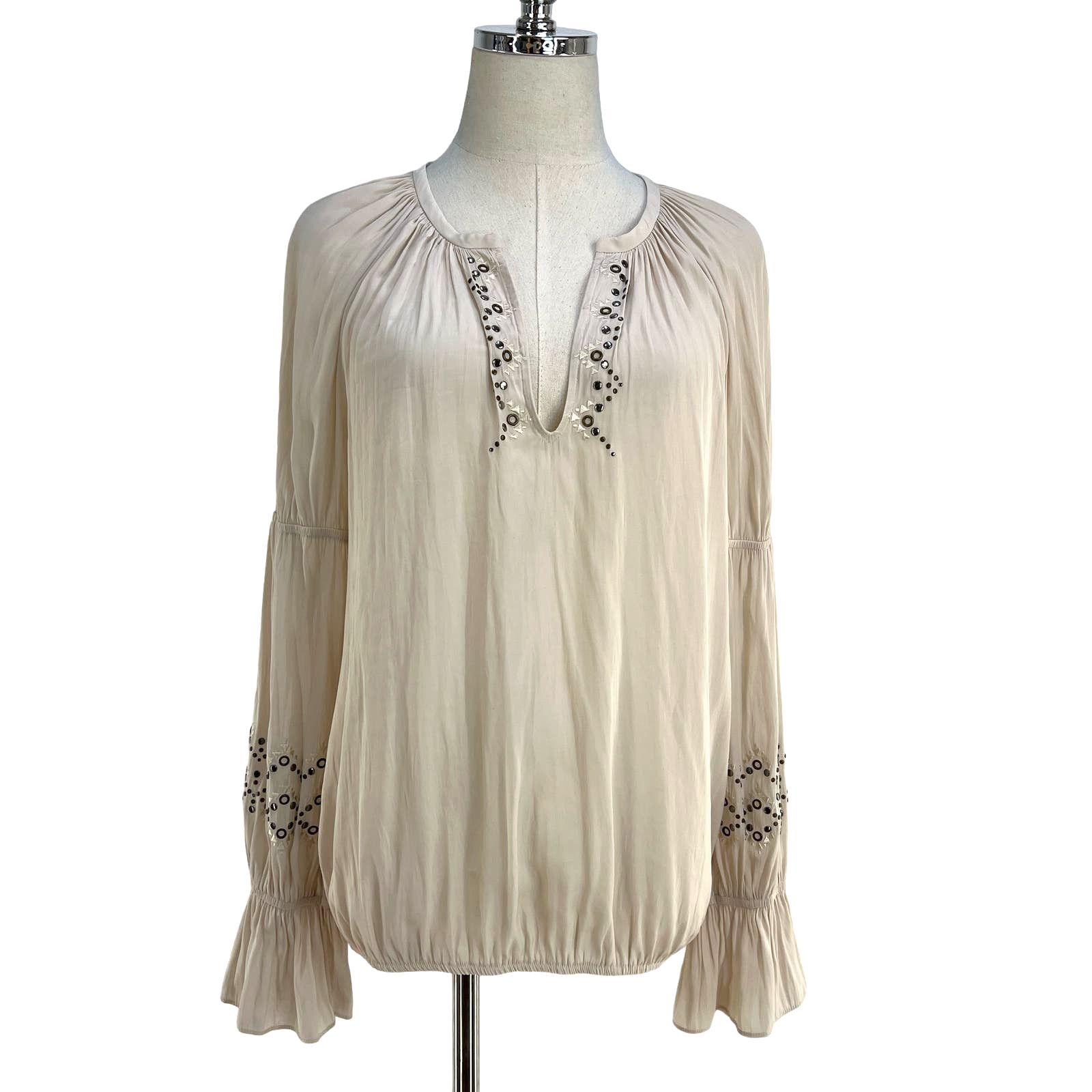 image of Ramy Brooke Antonia Embellished Long Sleeve Top Ivory White in Cream, Women's (Size Small)