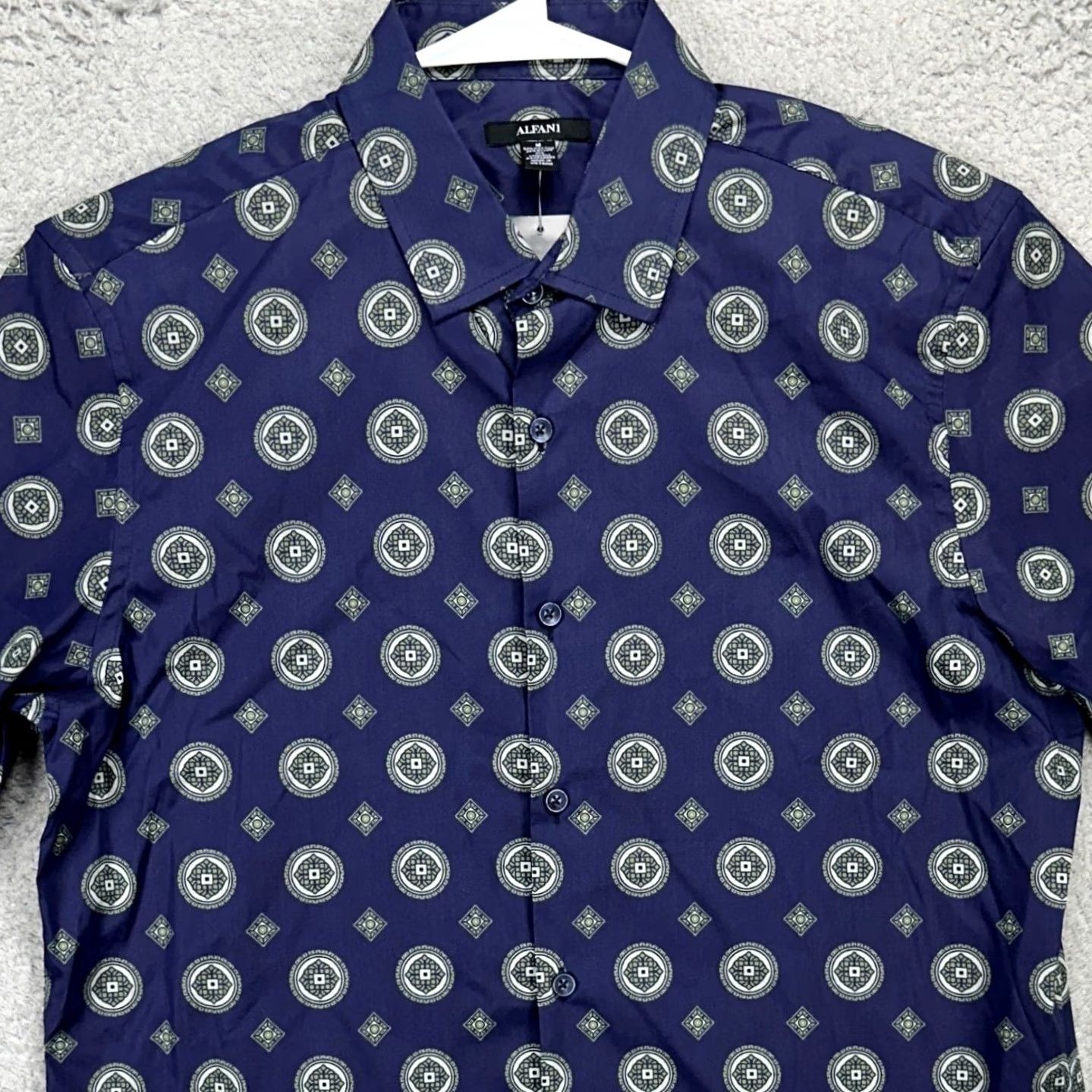 Alfani VINTAGE Alfani Shirt Button Up Mens Medium Blue Geometric Short Sleeve Nylon Blend NEW Size US M / EU 48-50 / 2 - 2 Thumbnail