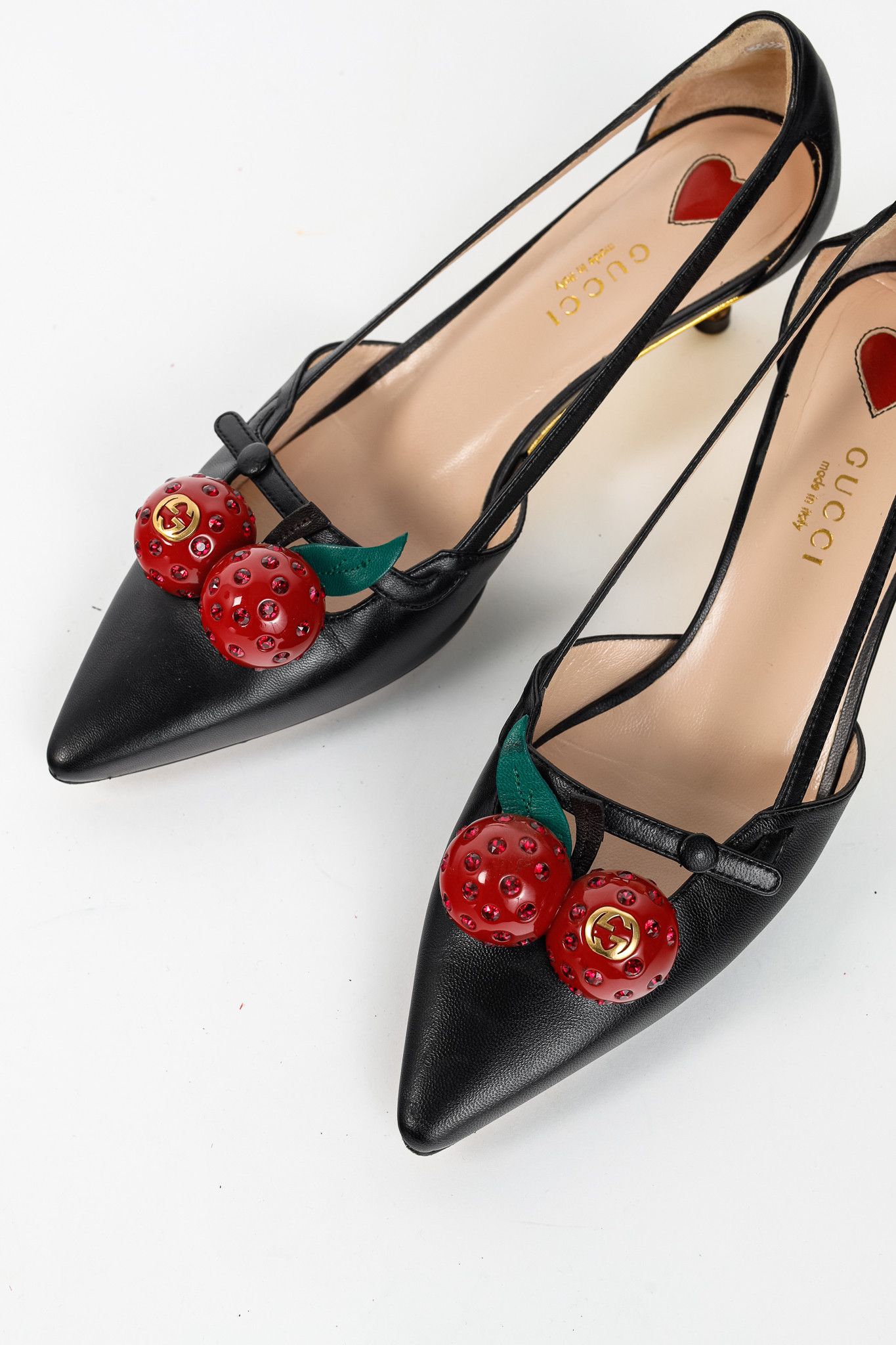 Gucci Gucci Unia Leather Cherry-Embellished Pointed-Toe Heels Size US 5 / IT 35 - 7 Thumbnail