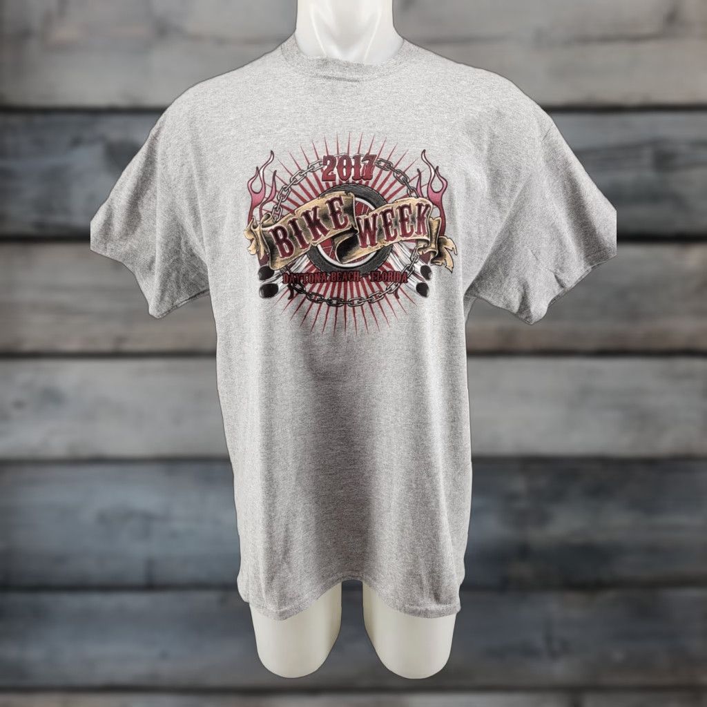 Gildan VINTAGE Mens XL Gray Short Sleeve Daytona Beach 2017 Bike Week Motorcycle T Shirt Gildan Size US XL / EU 56 / 4 - 1 Thumbnail