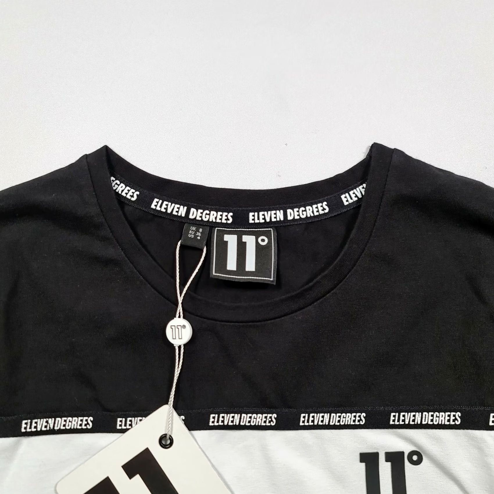 Vintage 11 Degrees Womens T Shirt Cropped Crew Neck Long Sleeve Black Logo UK8 EUR36 Slim Cotton Elastane Jersey Casual Ladies XS-8 Womens Size M / US 6-8 / IT 42-44 - 2 Thumbnail