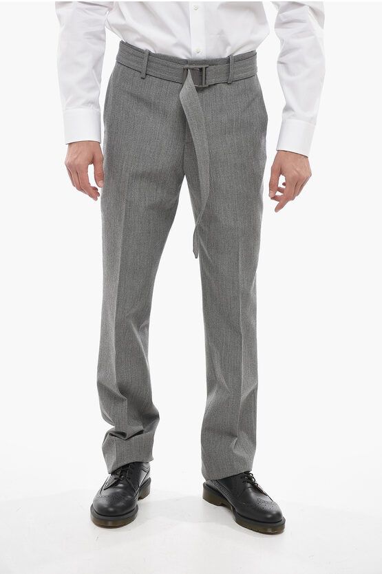 image of Off White Tailoring Belted Virgin Wool Pants With Safety Buckle in Grey, Men's (Size 34)