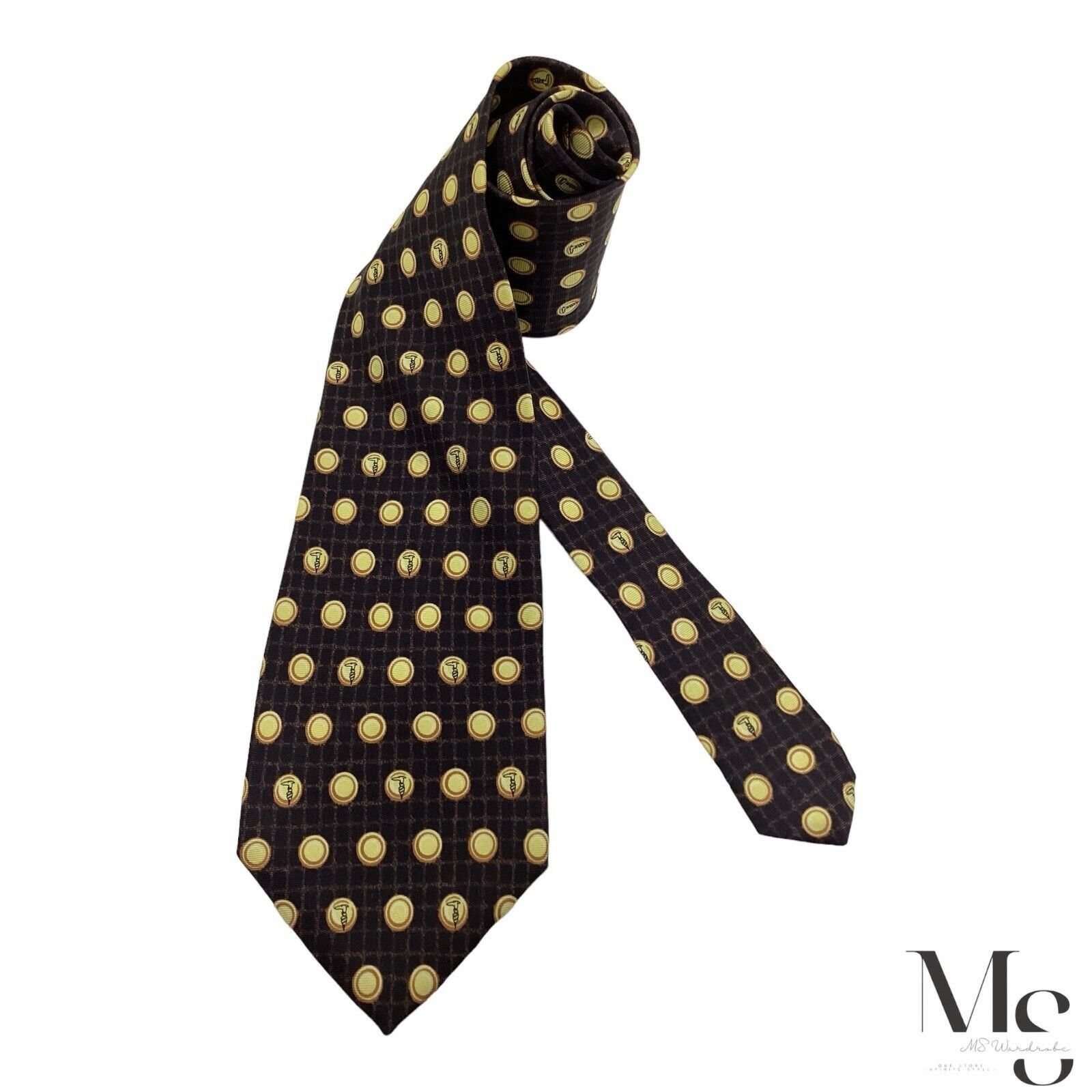 Trussardi TRUSSARDI Brown & Yellow Polka Dot Monogrammed Silk Tie Ital Size ONE SIZE - 1 Thumbnail