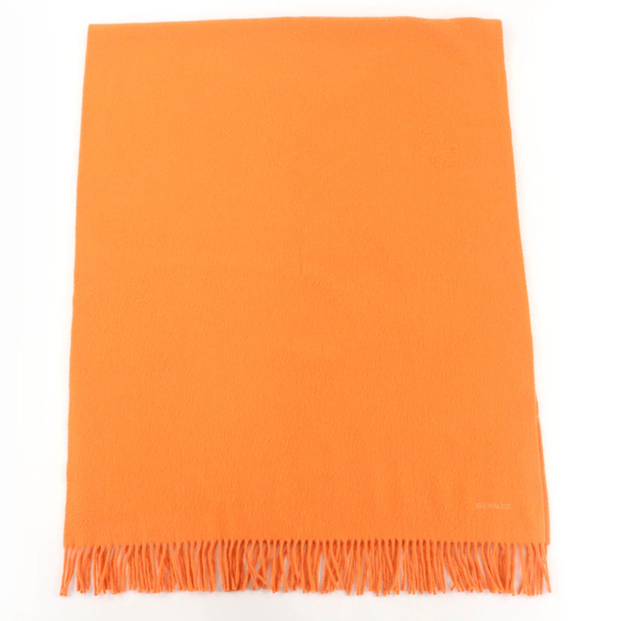 Hermes HERMES 100% Cashmere Logo Embroidered Fringe Large Shawl Stole Scarf Orange Women's Size ONE SIZE - 1 Thumbnail