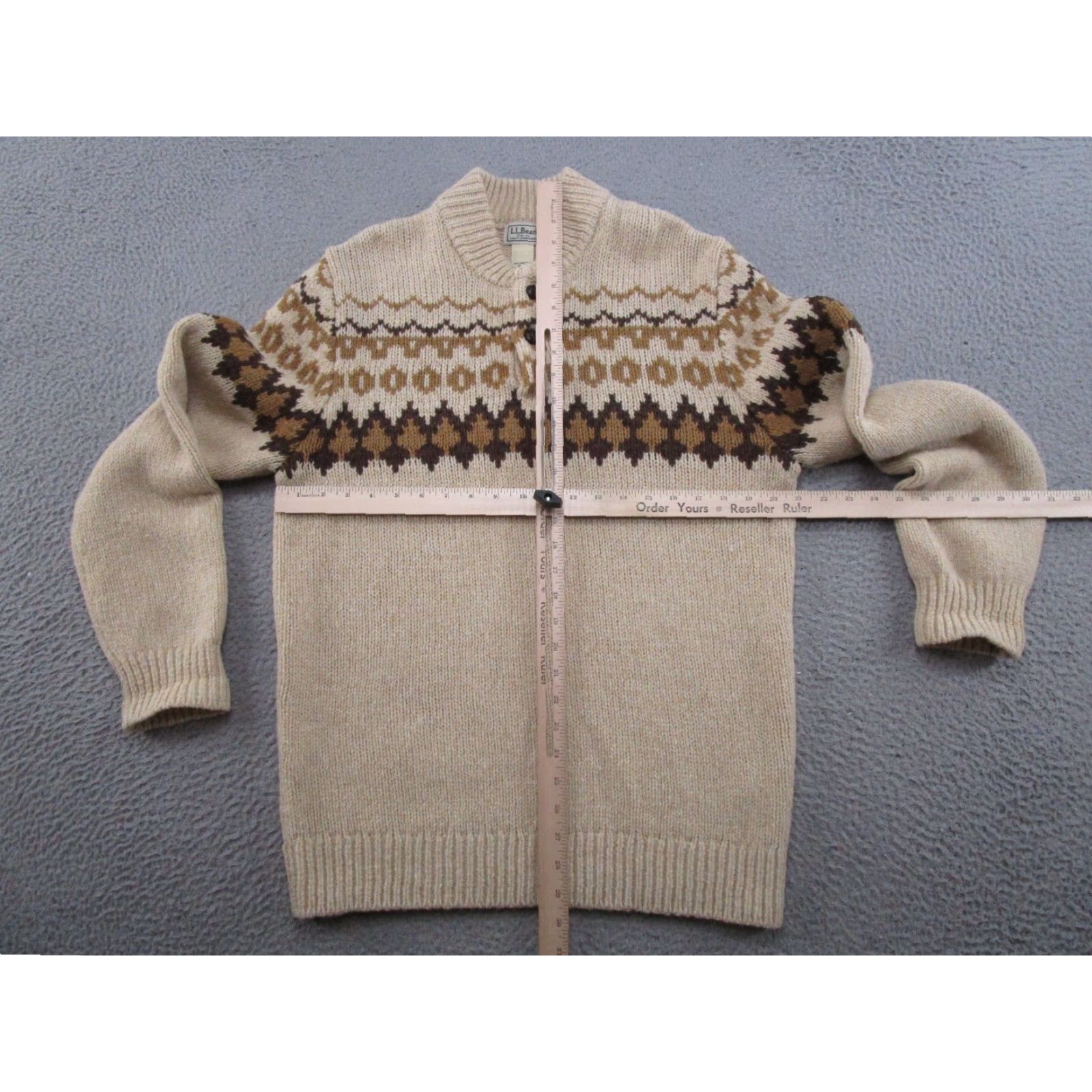 Vintage LL Bean 100% Lambswool Sweater Mens M Brown Fair Isle Henley Knit Pullover Size US M / EU 48-50 / 2 - 4 Thumbnail