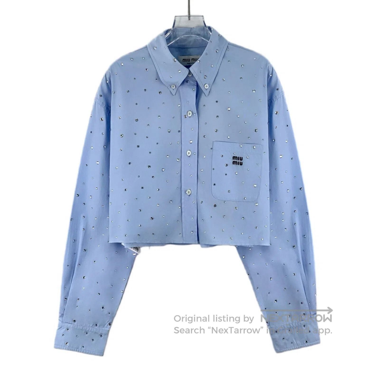 Miu Miu Miu Miu Blue Logo Crystal Cotton Shirt. Size XS / US 0-2 / IT 36-38 - 1 Thumbnail