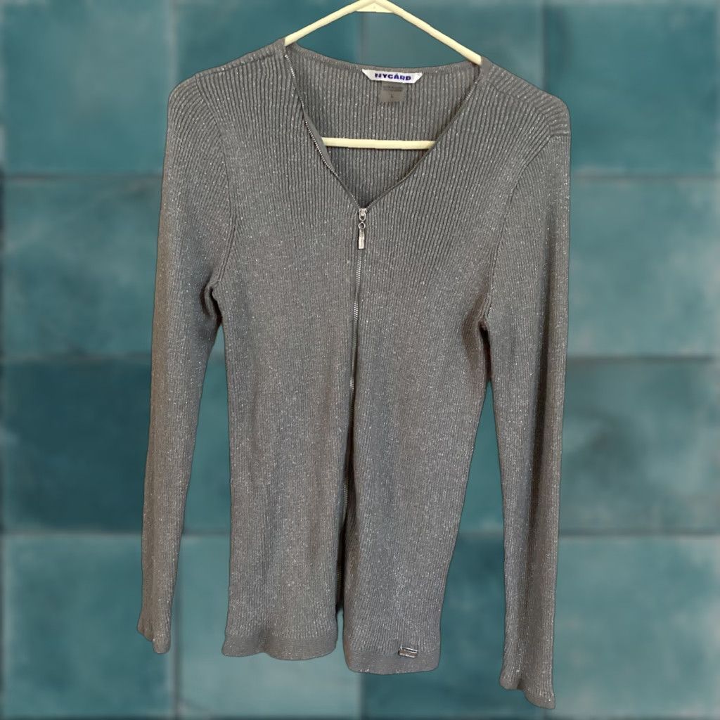 Vintage Nygard Sweater Women L Silver Metallic Knit Ribbed Fitted Long Sleeve Full Zip Size L / US 10 / IT 46 - 1 Thumbnail