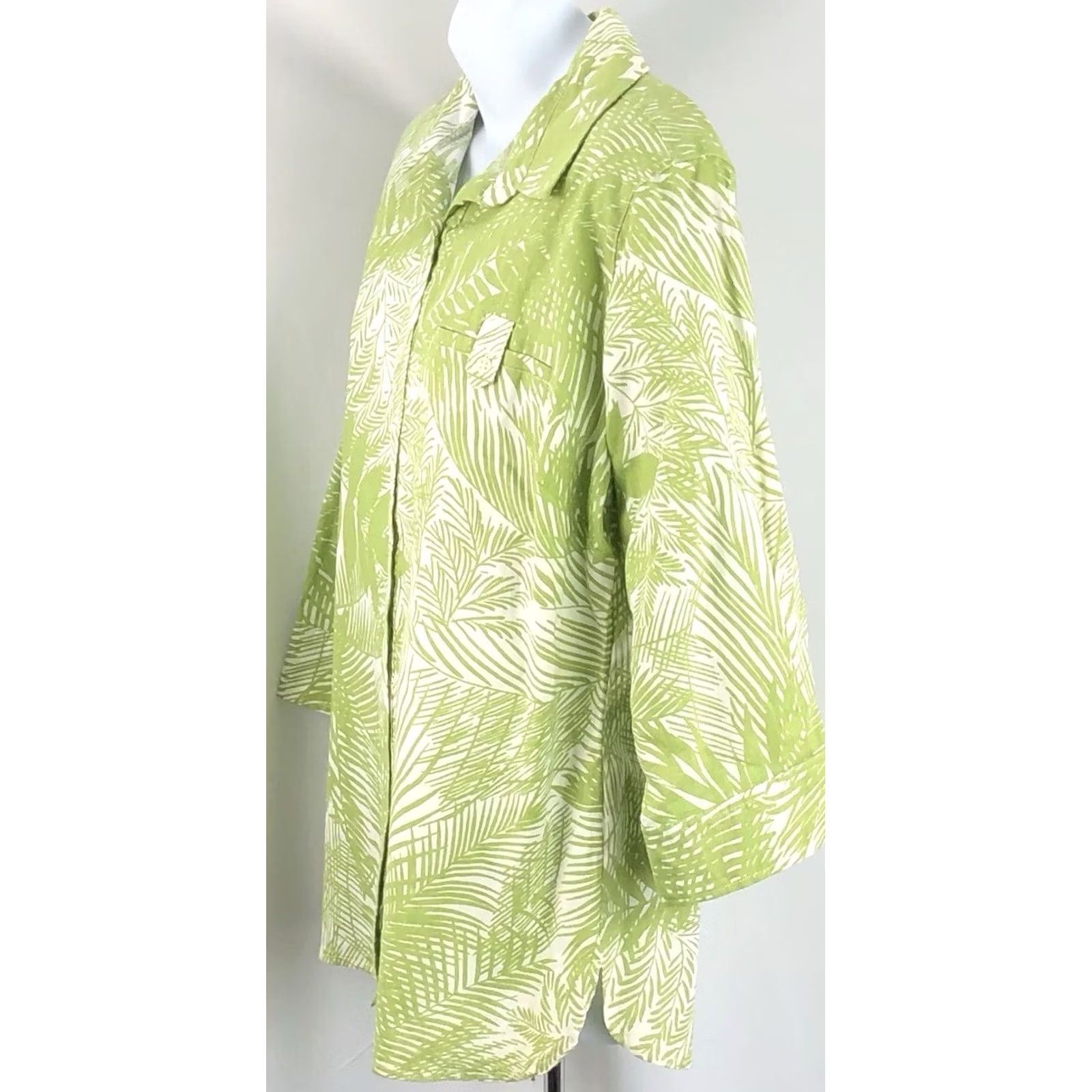 Vintage Jaclyn Smith Linen Top L Green Floral Tropical 3/4RollTab Sleeves Button Up Size L / US 10 / IT 46 - 2 Thumbnail
