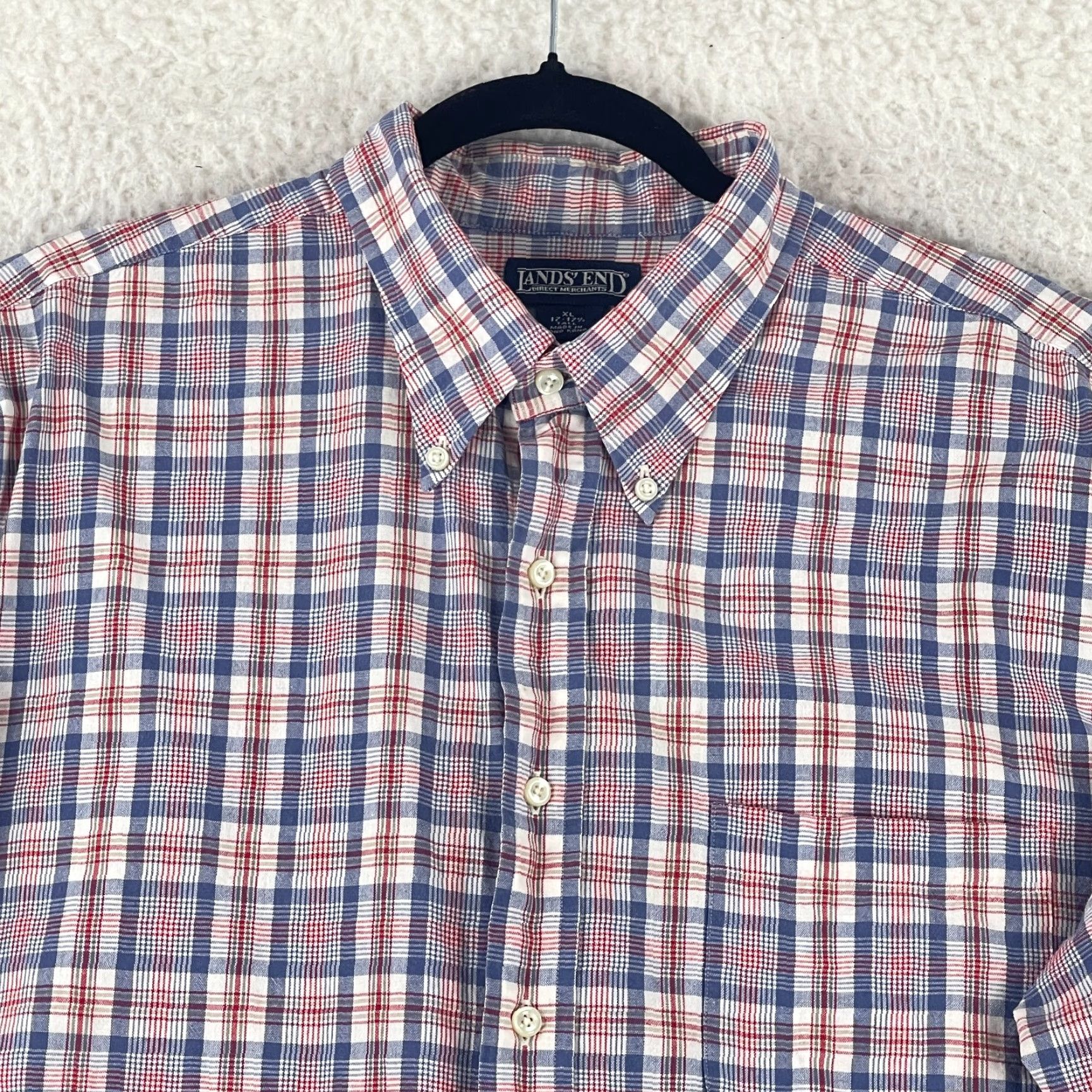 Lands' End VINTAGE Lands' End Button-Down Dress Shirt Mens XL Red Blue Plaid Long Sleeve Size 46R - 3 Thumbnail