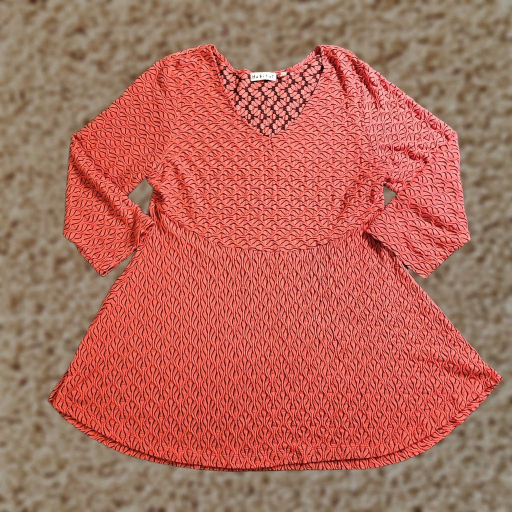 Habitat Habitat Top Blouse Shirt Womens Large Orange 3/4 Sleeve V-Neck Tunic Textured Stretchy Casual Size L / US 10 / IT 46 - 1 Thumbnail