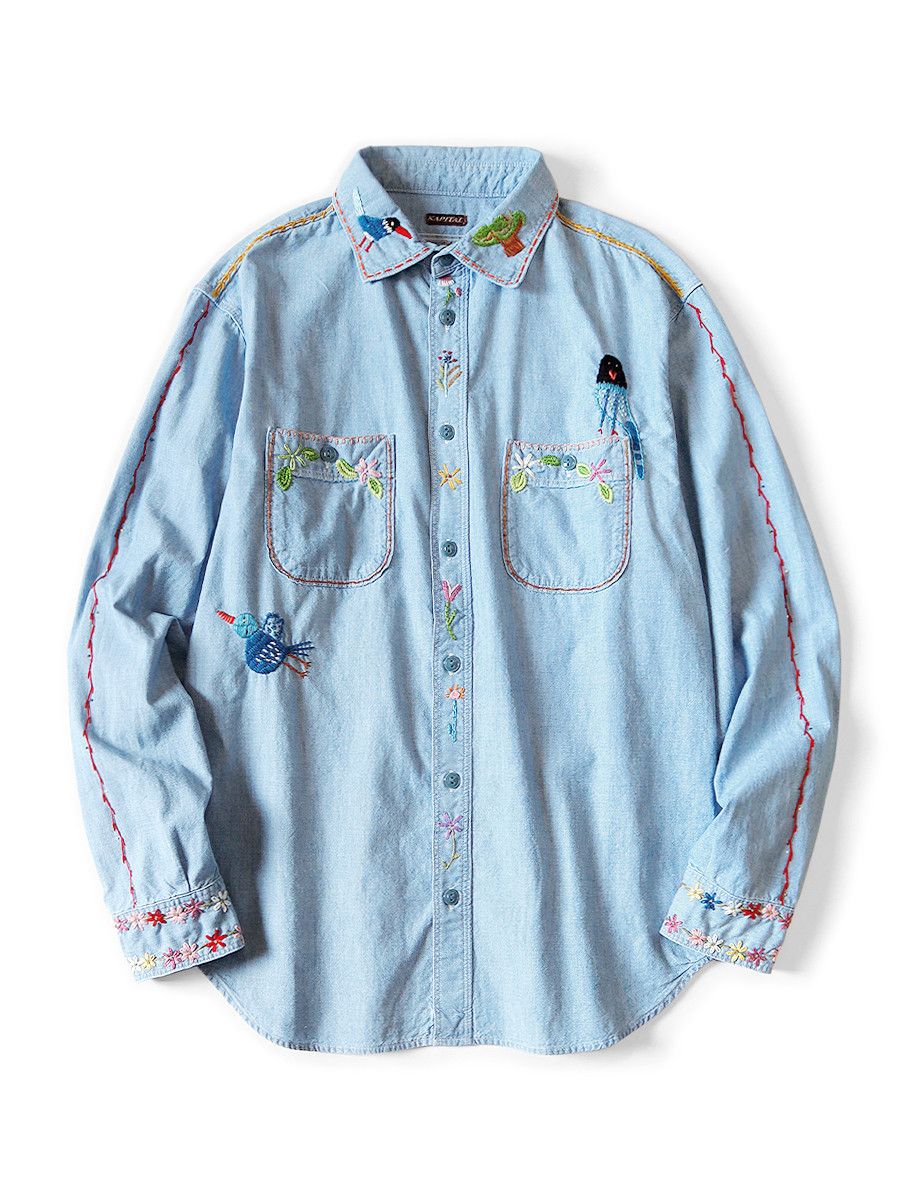 kapital Chambray Magpie Embroidery work shirt